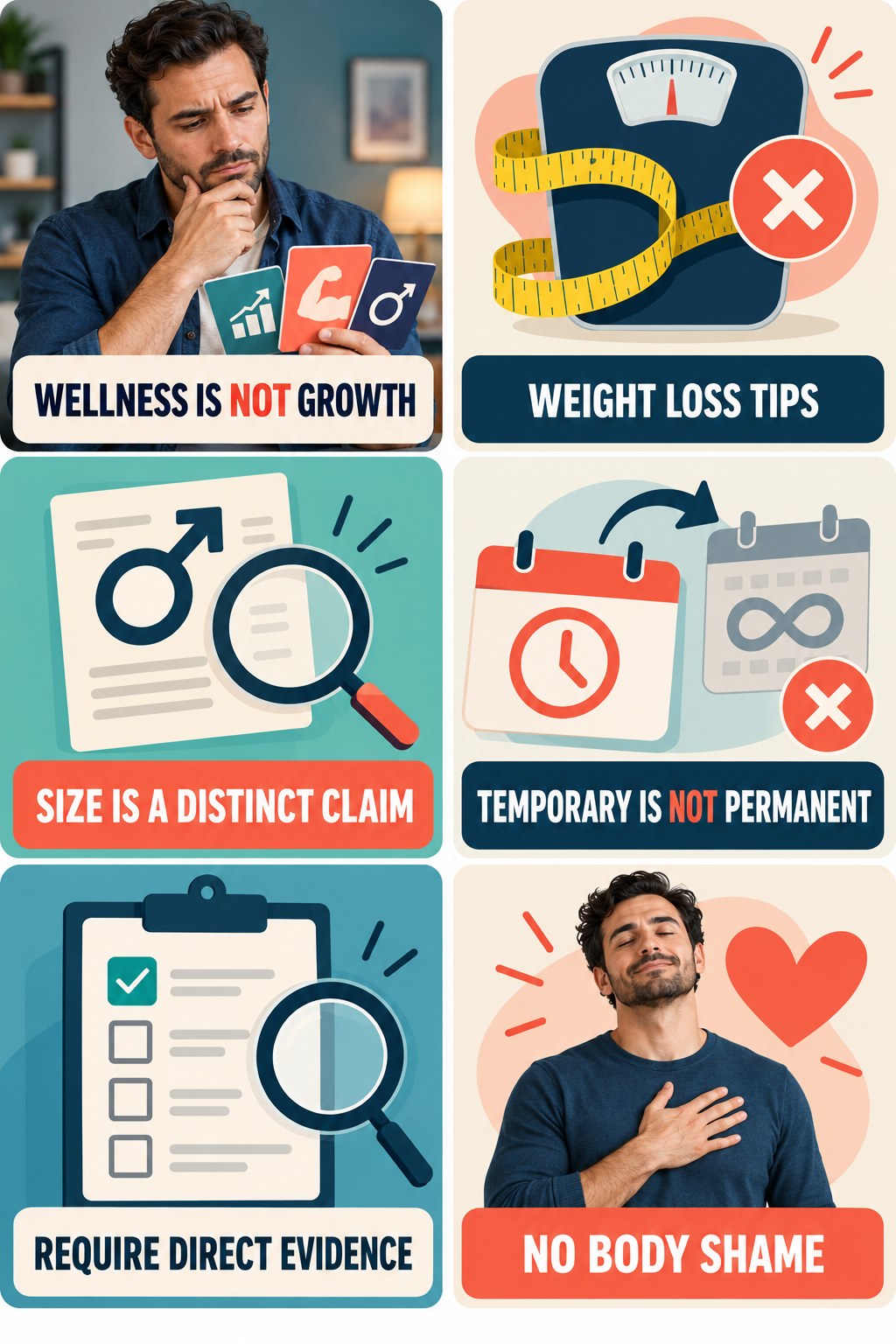 Sexual Wellness Is Not Penis Enlargement Proof evidence-literacy infographic for Weight Loss Tips with four concise claim-evaluation checks.