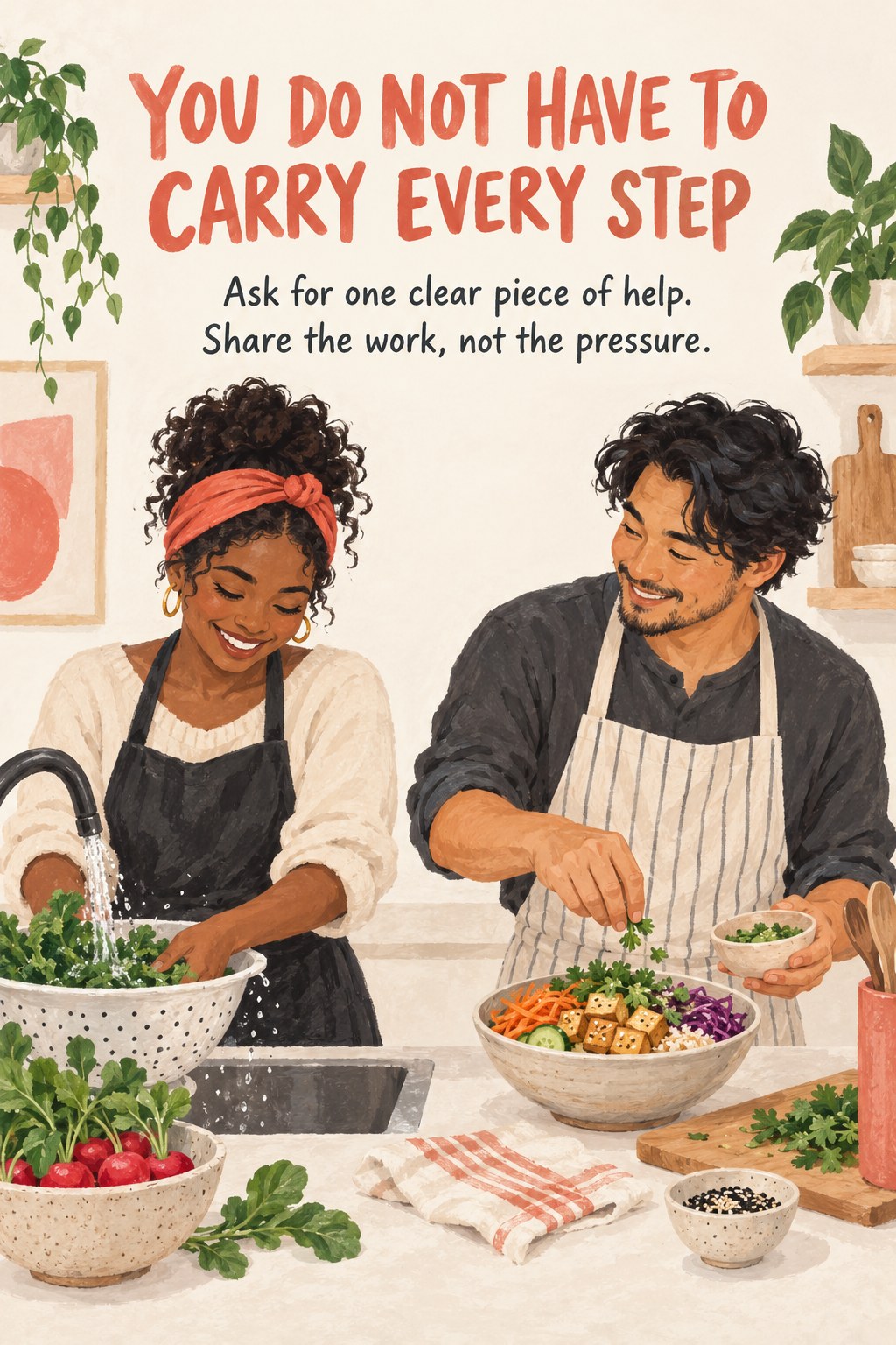 Two adults working together at a kitchen counter, one washing produce while the other prepares a bowl.
