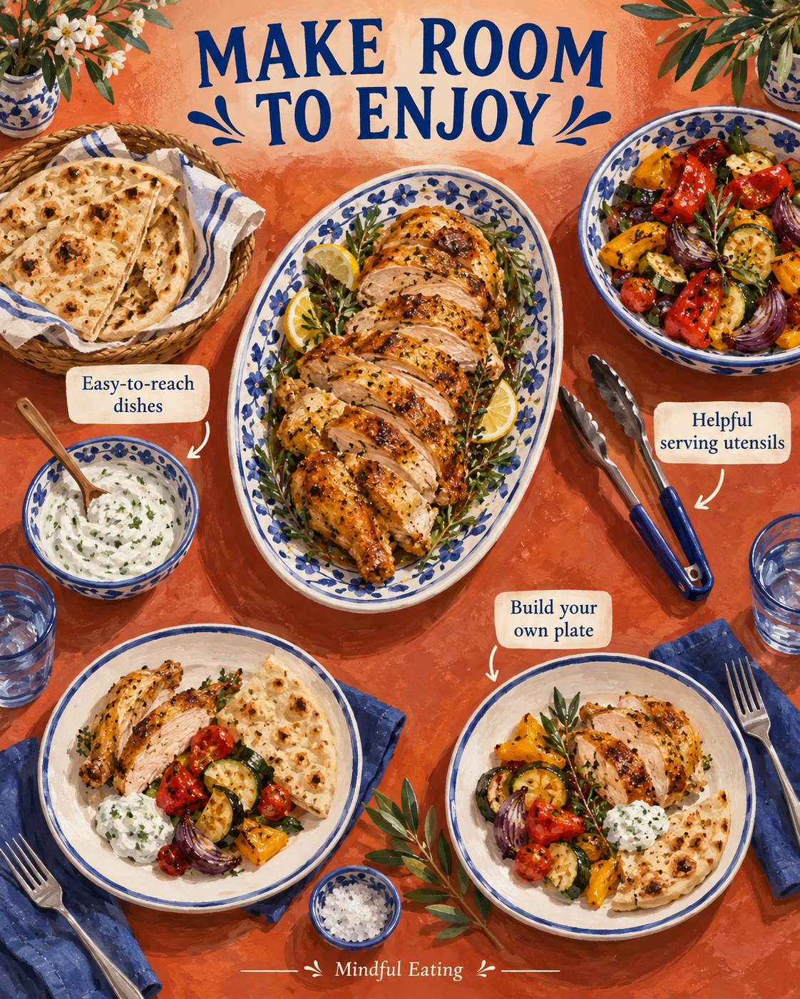 Shared platter of sliced roast chicken, flatbread, vegetables and sauce arranged with serving utensils.