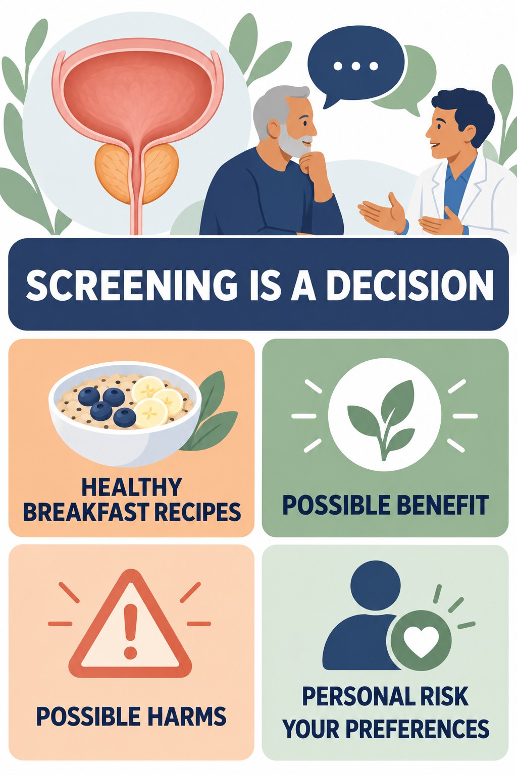 Shared Decisions About Prostate Screening infographic for Healthy Breakfast Recipes with four concise prostate-health awareness points.