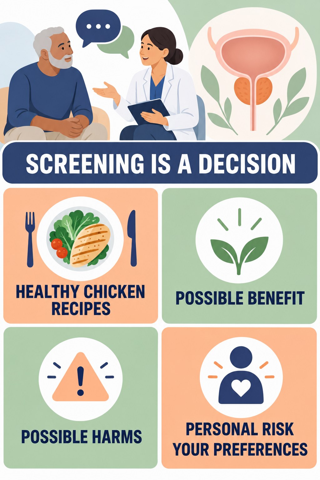 Shared Decisions About Prostate Screening infographic for Healthy Chicken Recipes with four concise prostate-health awareness points.