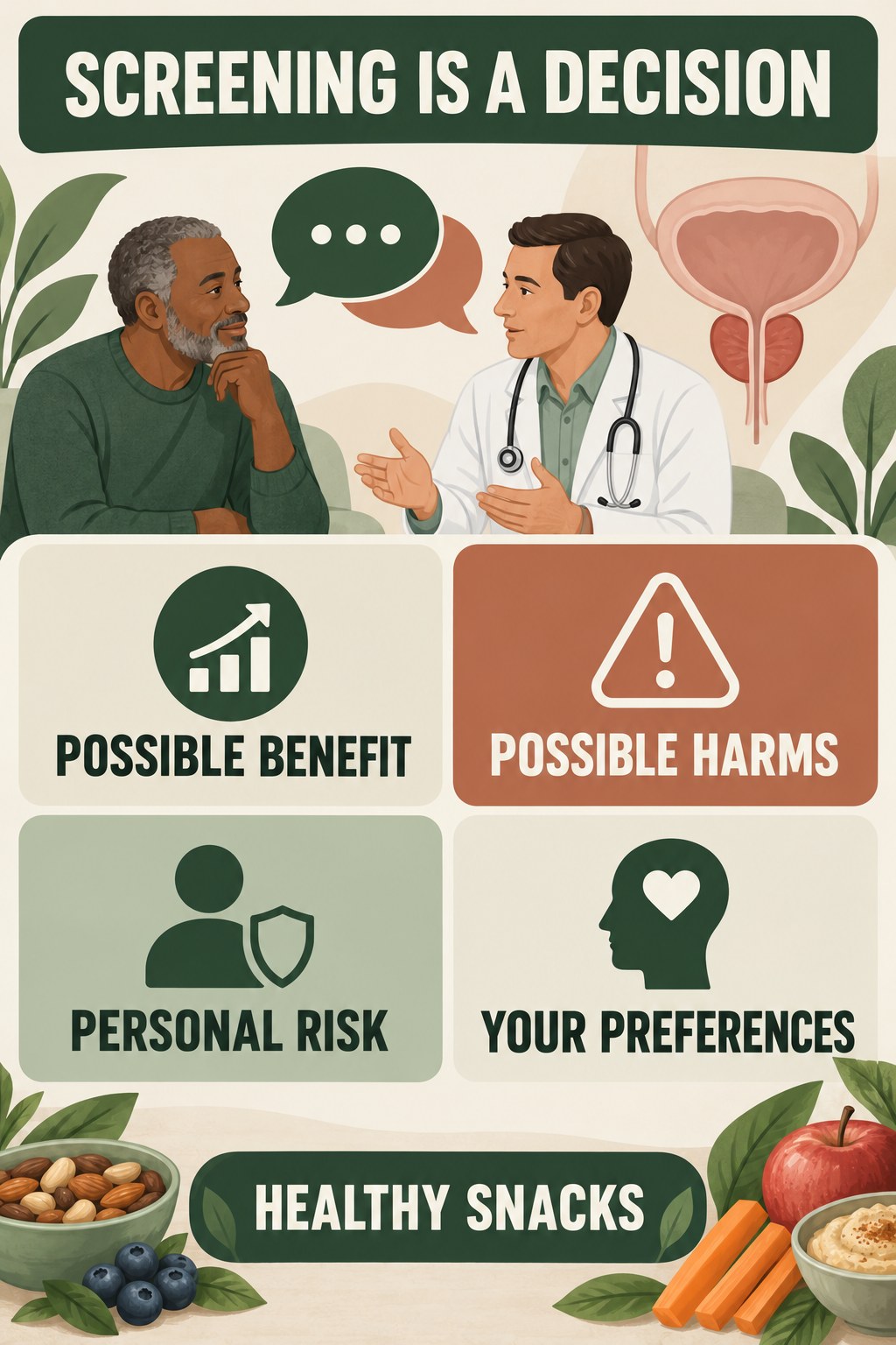 Shared Decisions About Prostate Screening infographic for Healthy Snacks with four concise prostate-health awareness points.