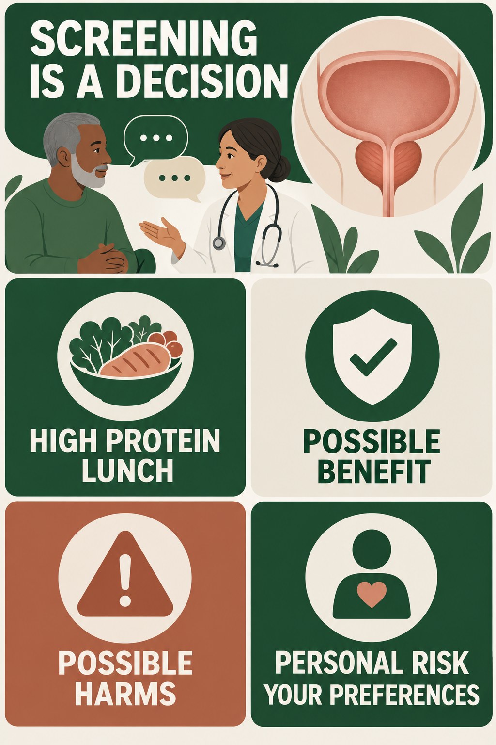 Shared Decisions About Prostate Screening infographic for High Protein Lunch with four concise prostate-health awareness points.
