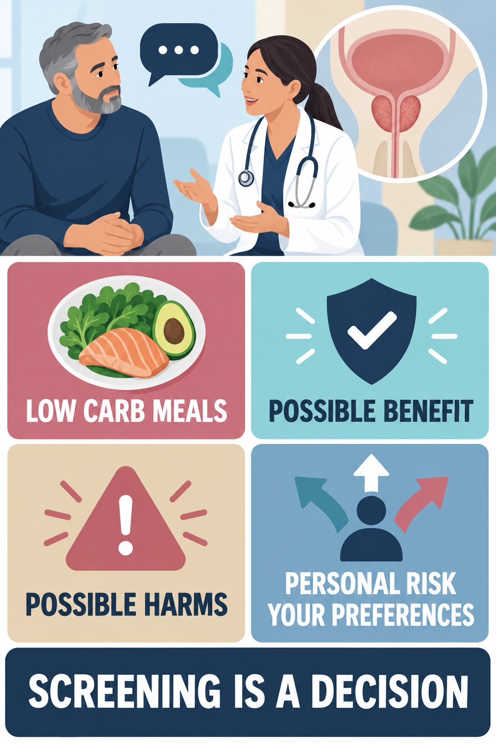 Shared Decisions About Prostate Screening infographic for Low Carb Meals with four concise prostate-health awareness points.