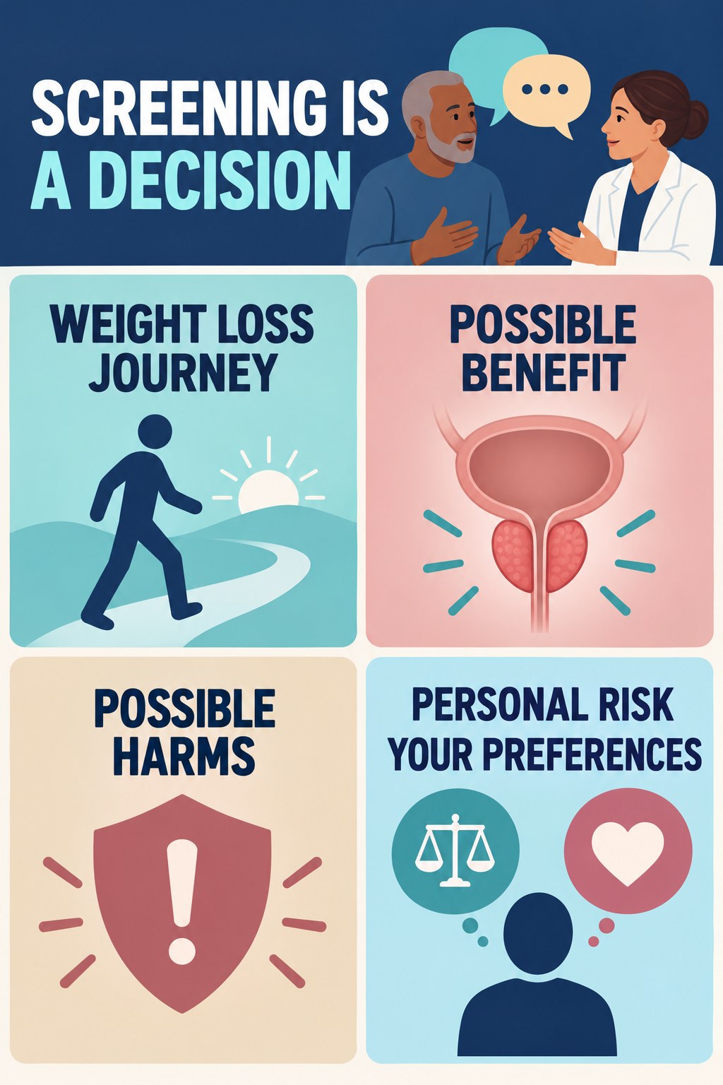 Shared Decisions About Prostate Screening infographic for Weight Loss Journey with four concise prostate-health awareness points.