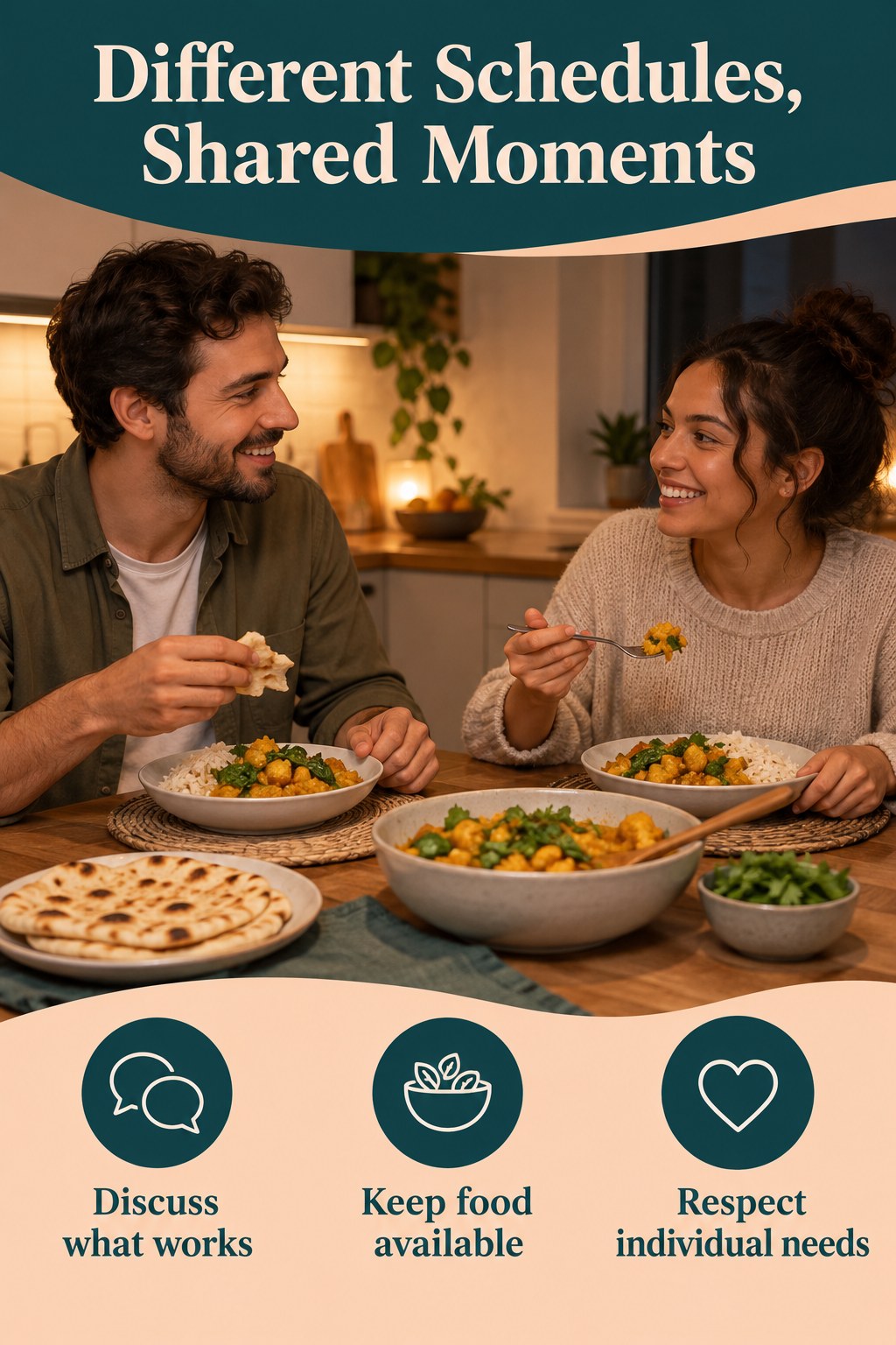 Two adults sharing a curry and rice dinner with a graphic about flexible schedules and shared moments.