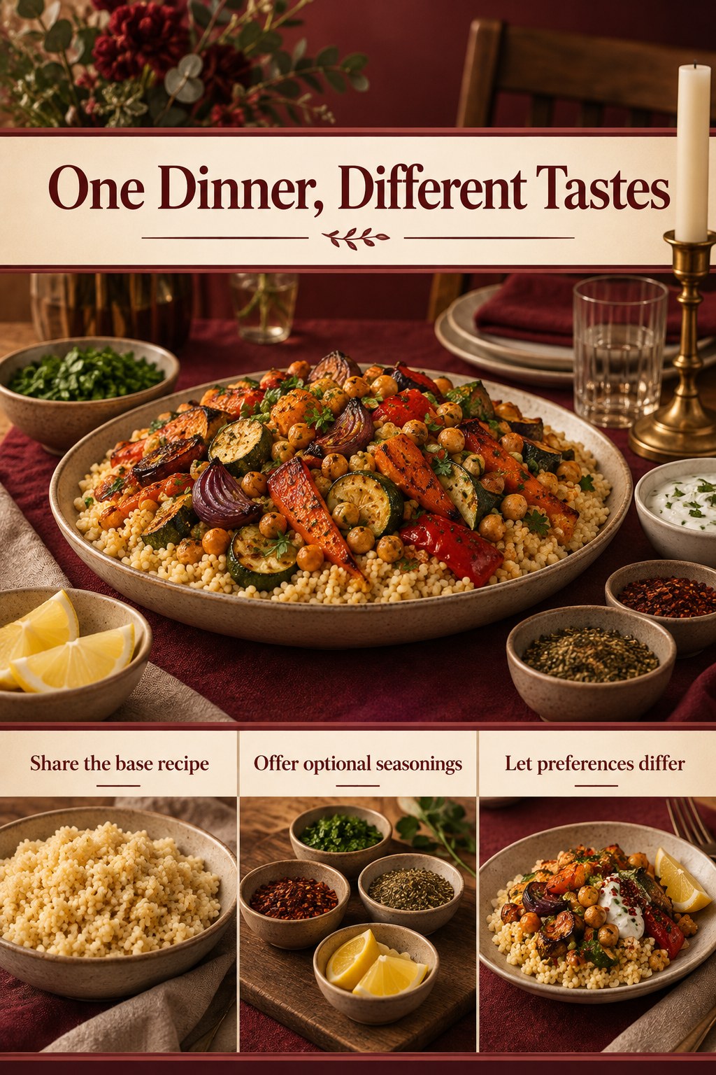 Couscous and roasted vegetable dinner with chickpeas and small bowls of optional lemon, herbs, and sauce.