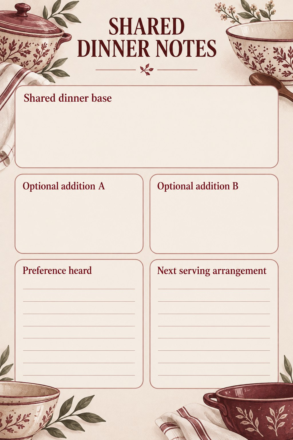 Blank shared dinner notes with a shared base center, optional additions, preference feedback, and next arrangement fields.