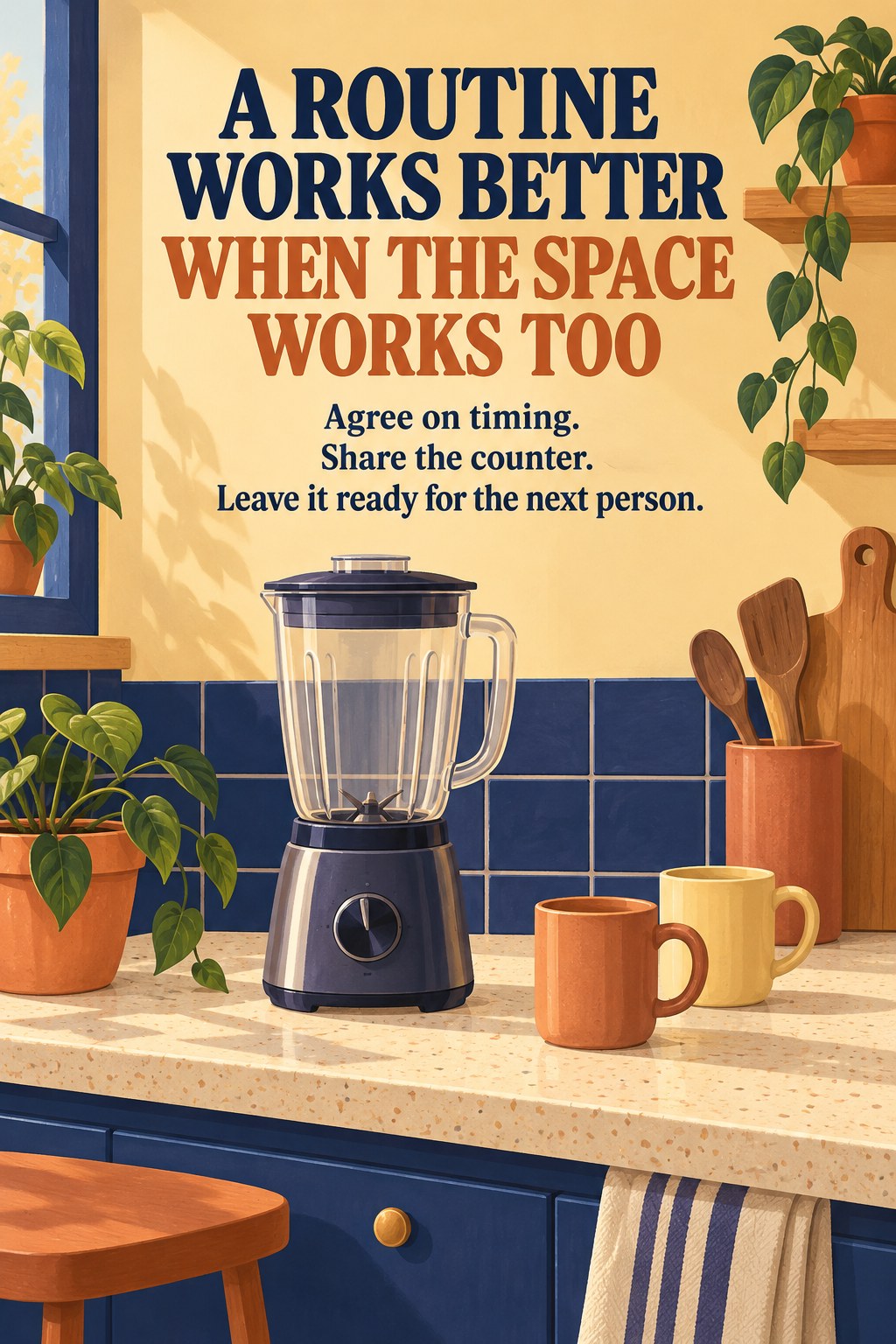 Blender on a tidy shared kitchen counter with two mugs and a message about making the space work for a routine.