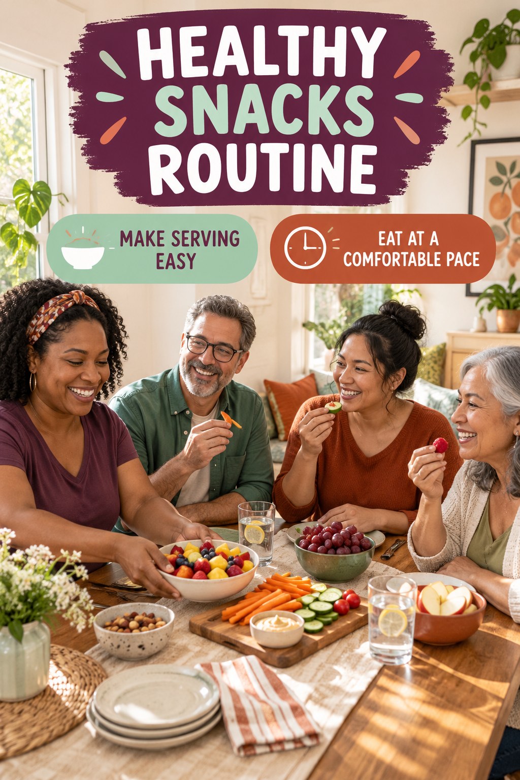 Shared Meal Rhythm for Healthy Snacks in a sunlit dining corner, showing a practical, attainable routine with readable guidance.