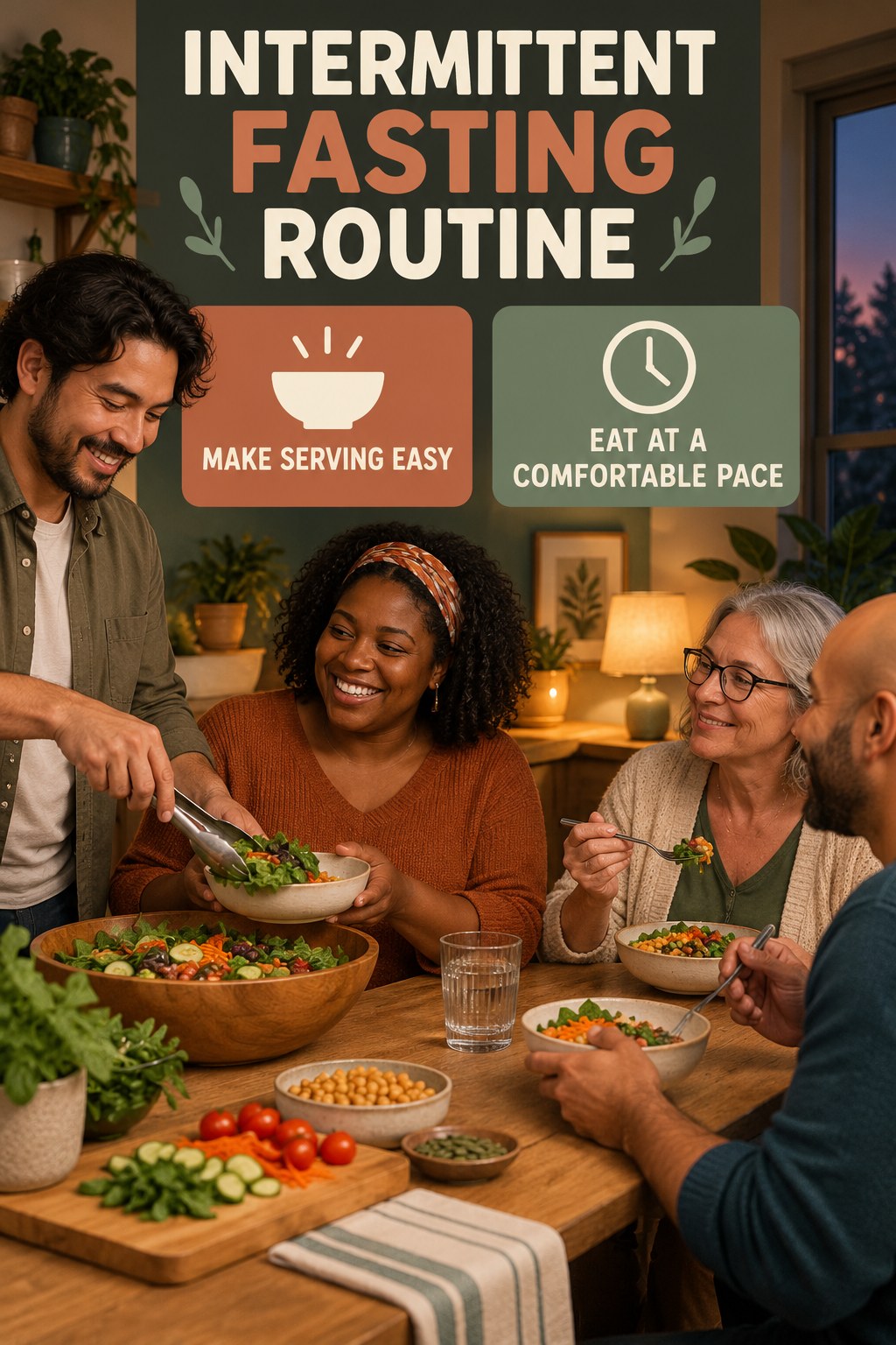 Shared Meal Rhythm for Intermittent Fasting in a modest grocery-prep table, showing a practical, attainable routine with readable guidance.