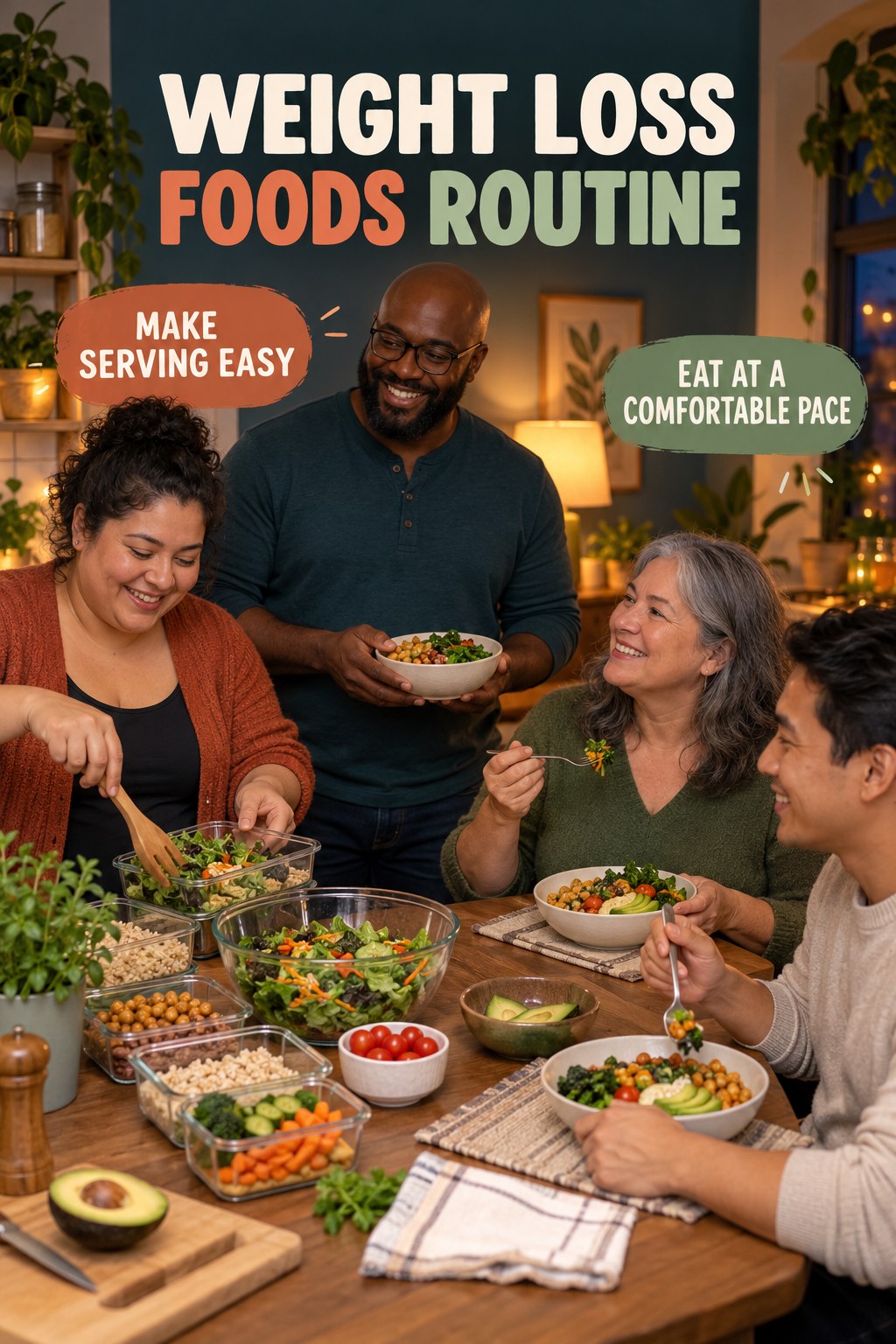 Shared Meal Rhythm for Weight Loss Foods in a modest grocery-prep table, showing a practical, attainable routine with readable guidance.