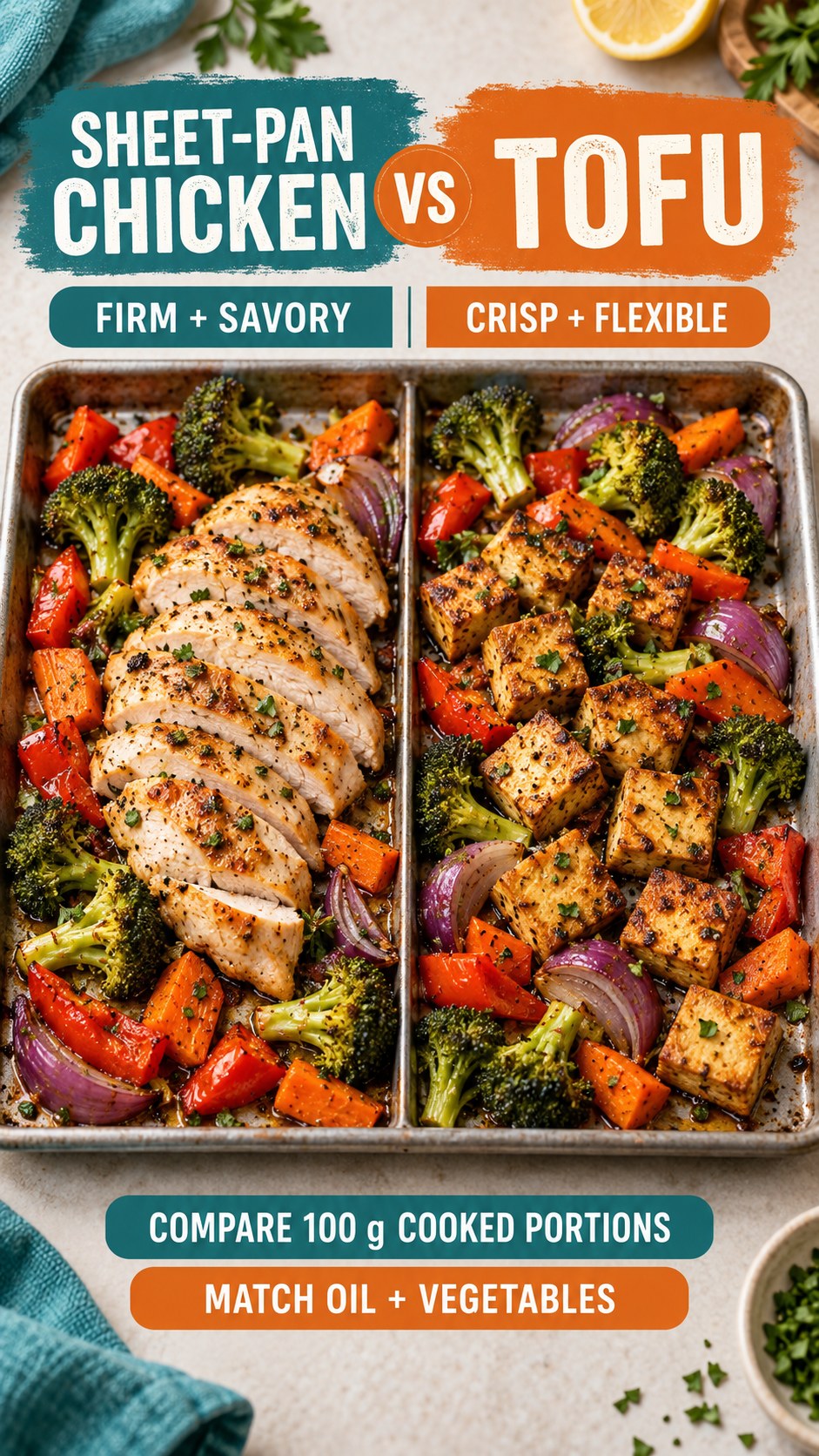 Sheet-pan chicken breast and firm tofu in equal cooked portions with matching vegetables, compared for an easy dinner.