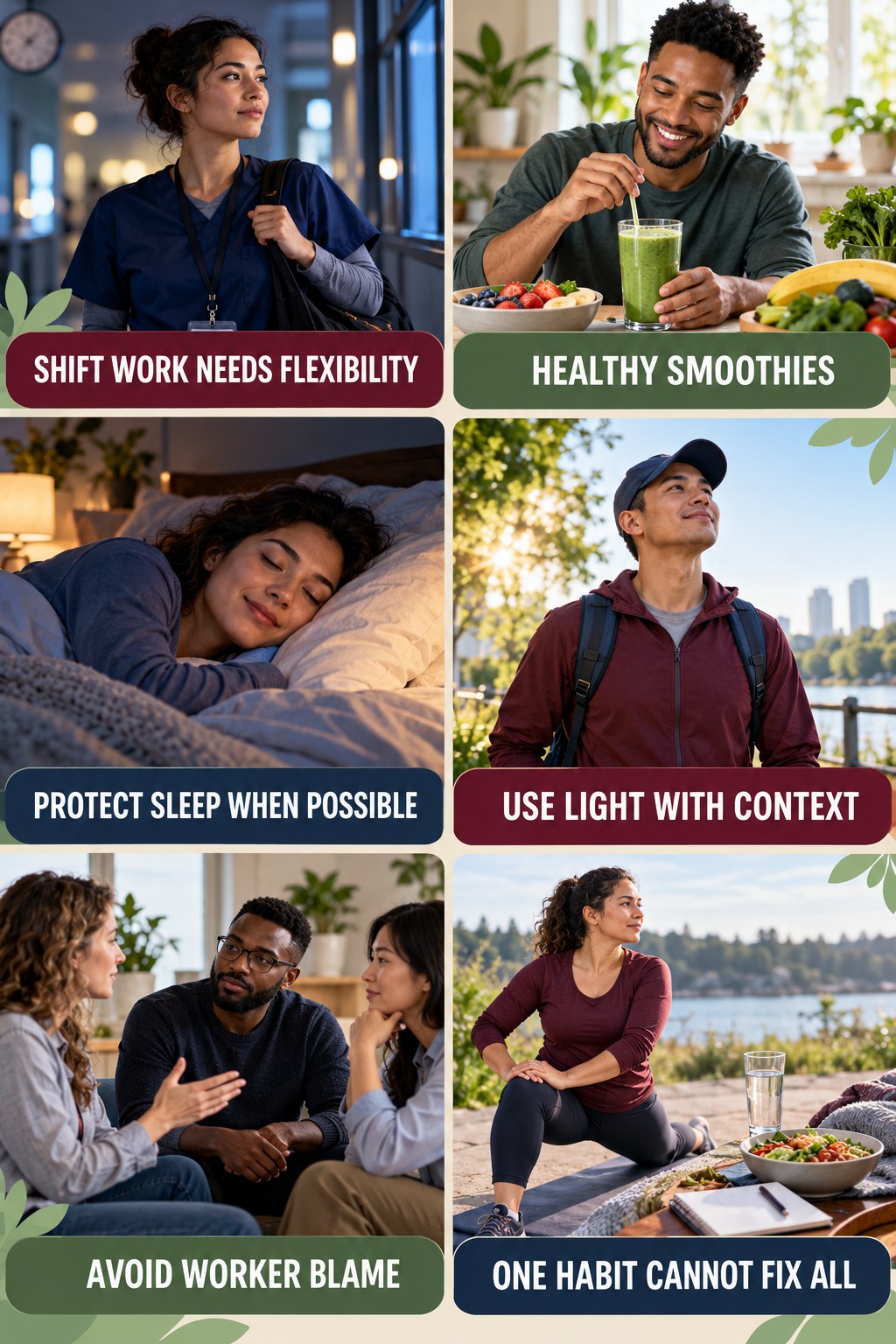 Shift Work Needs Flexible Sleep Strategies natural-energy and hormone-health-literacy infographic for Healthy Smoothies with four practical checks.