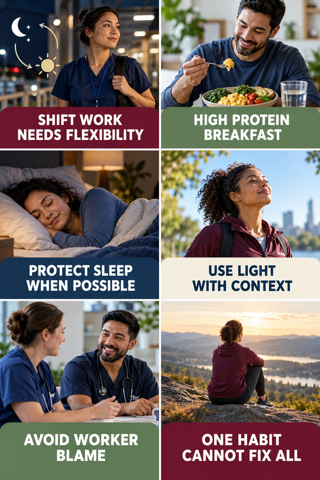 Shift Work Needs Flexible Sleep Strategies natural-energy and hormone-health-literacy infographic for High Protein Breakfast with four practical checks.