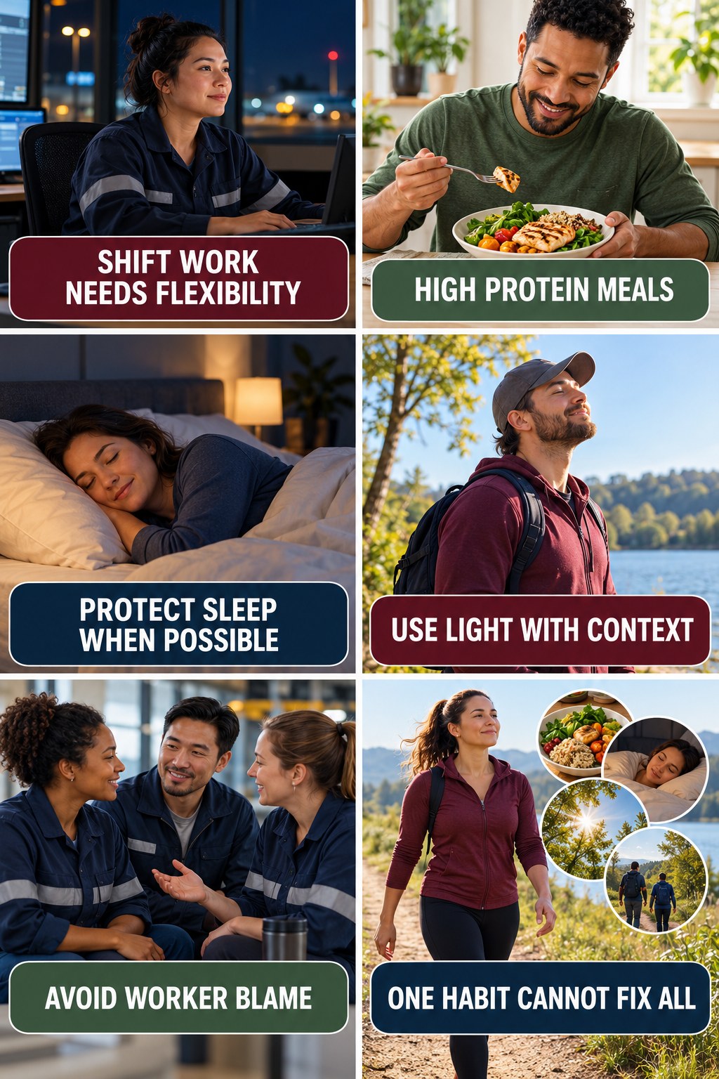Shift Work Needs Flexible Sleep Strategies natural-energy and hormone-health-literacy infographic for High Protein Meals with four practical checks.