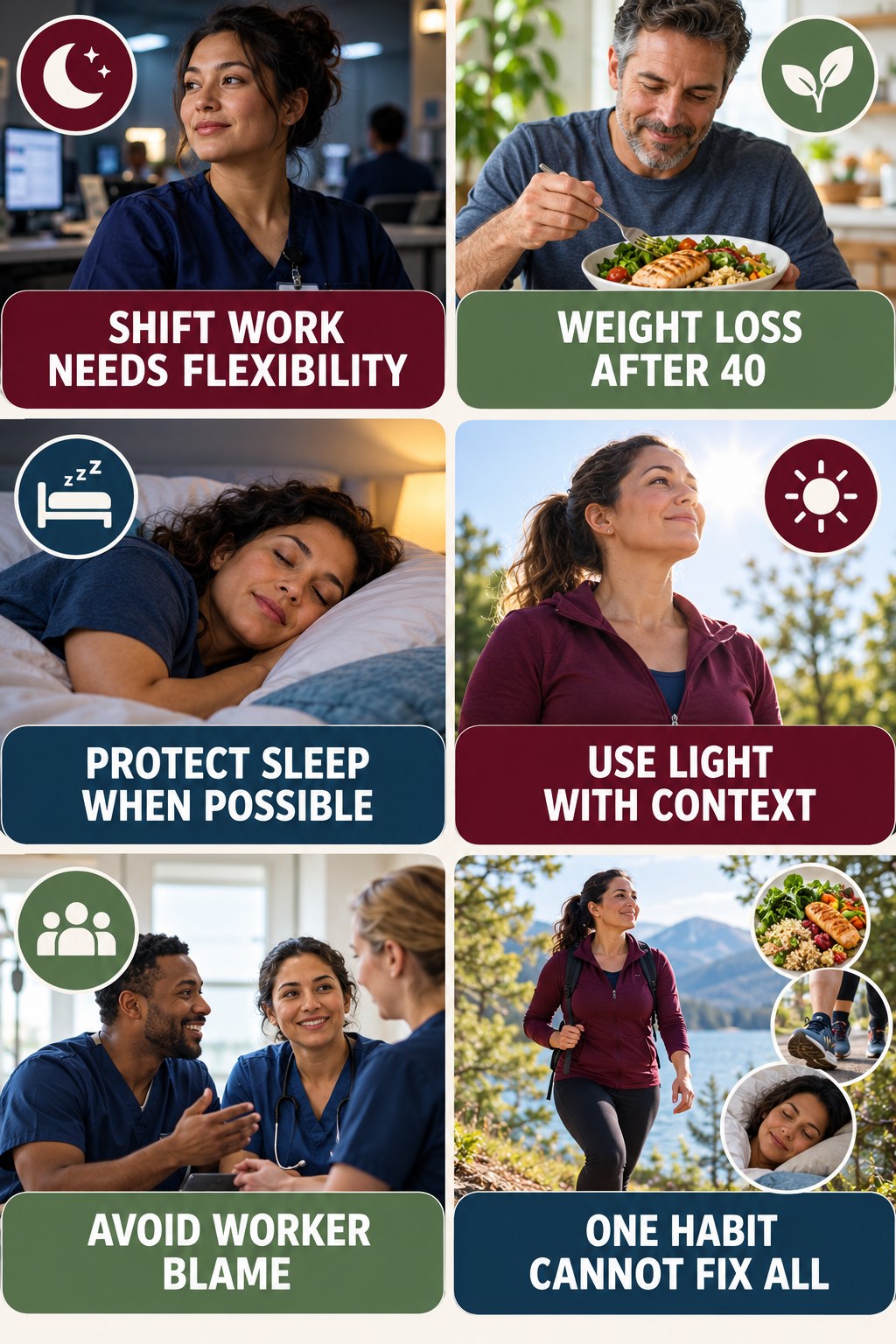 Shift Work Needs Flexible Sleep Strategies natural-energy and hormone-health-literacy infographic for Weight Loss After 40 with four practical checks.