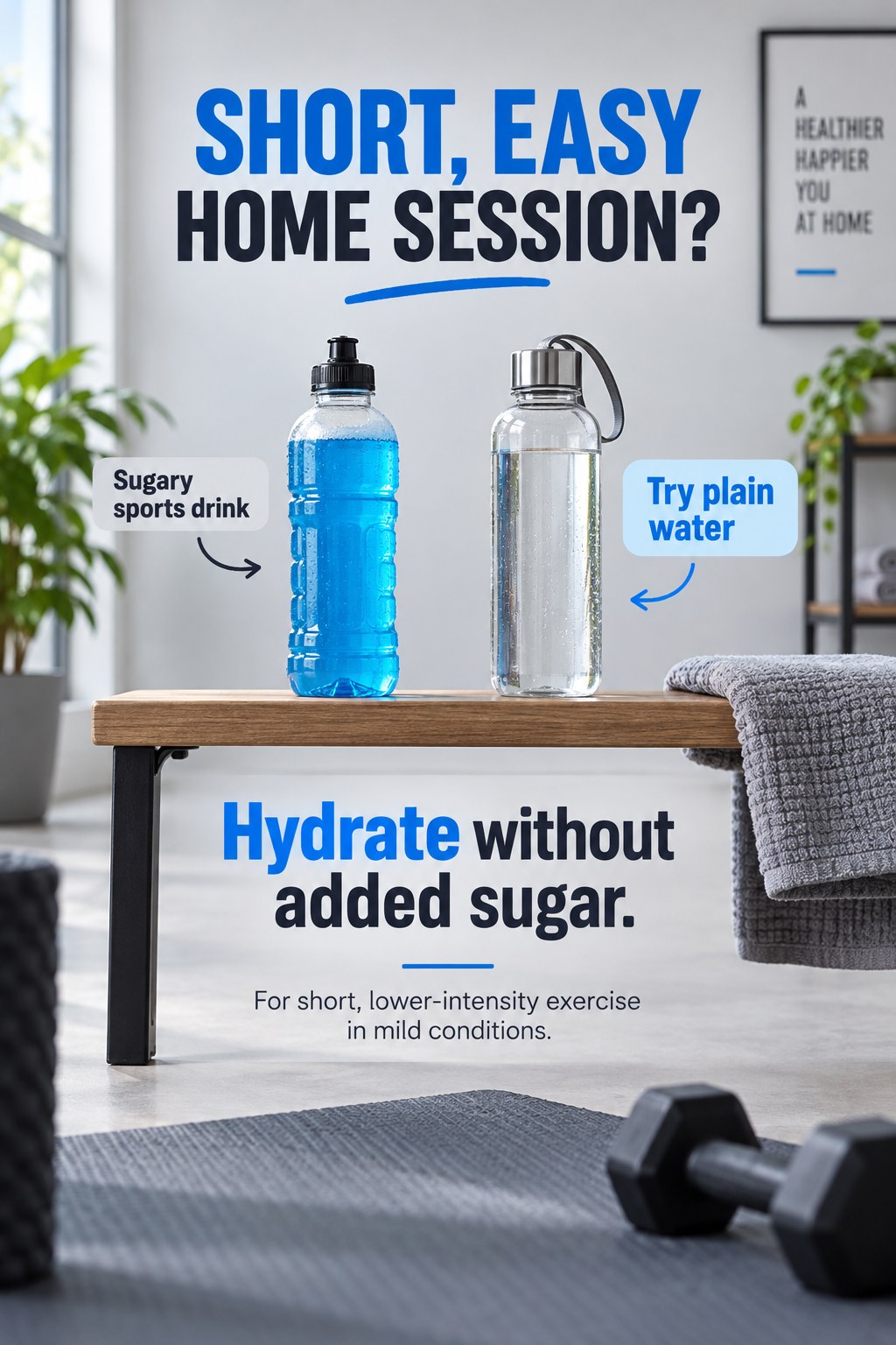 Home workout bench with sugary blue sports drink and plain water, labeled for short lower-intensity sessions in mild conditions.