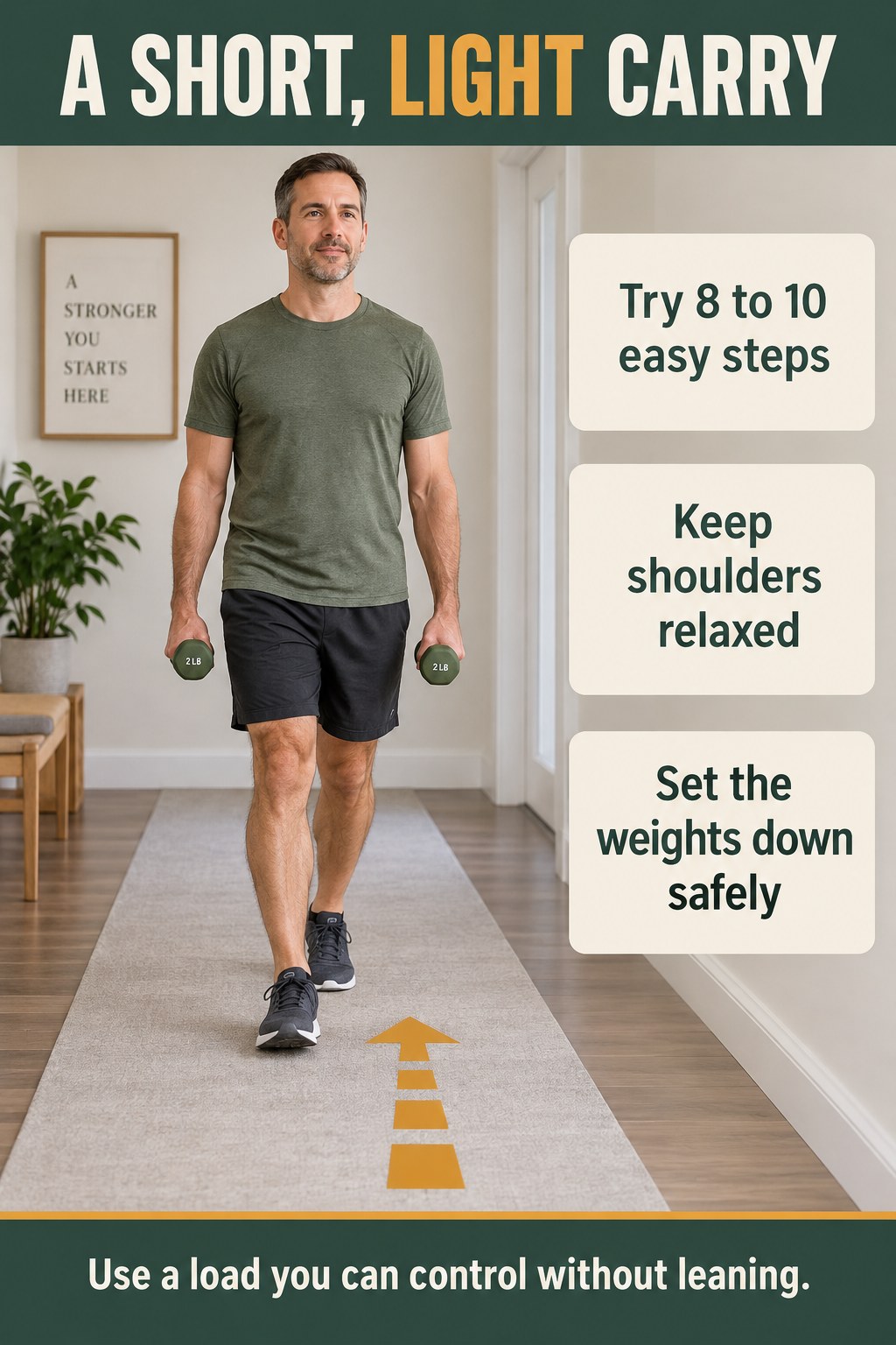 Man walks on a clear indoor path with two very light dumbbells beside instructions for eight to ten easy controlled steps.
