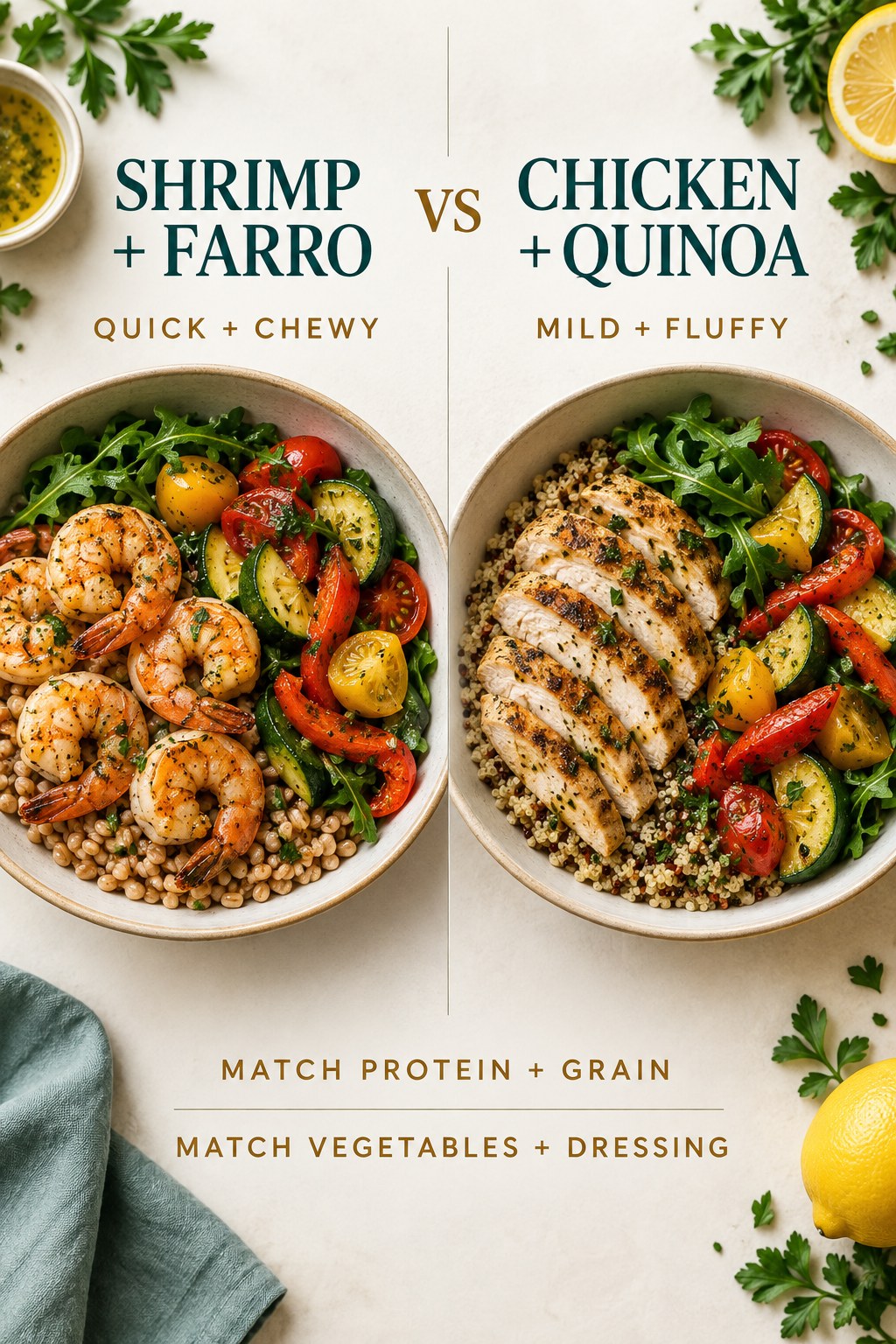 Shrimp with farro and chicken with quinoa in matched vegetable bowls with equal lemon-herb dressing.