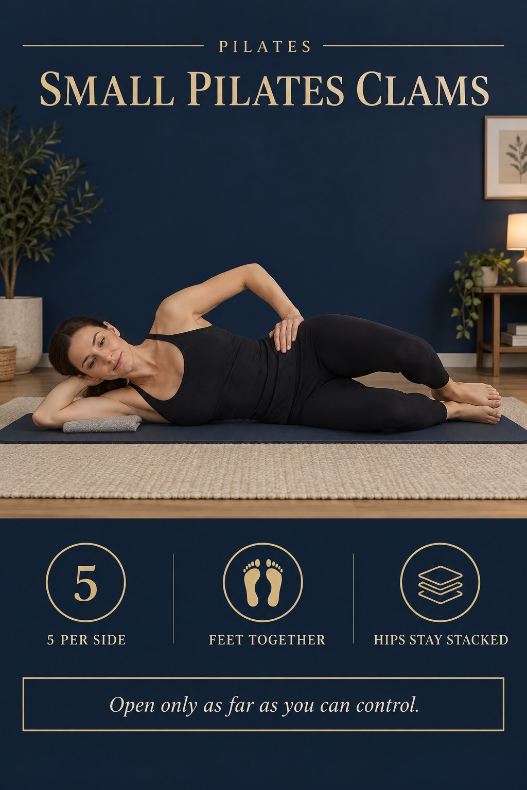 Adult lies on one side on a mat with bent knees and feet together, opening the top knee slightly.