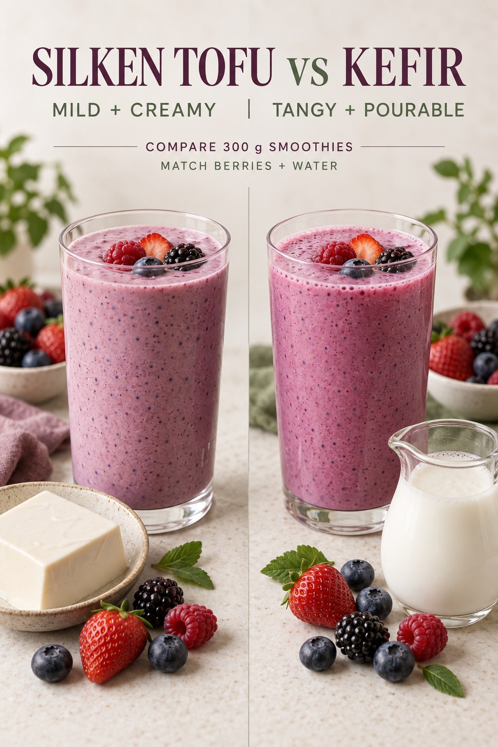 A silken tofu berry smoothie and a kefir berry smoothie in equal glasses with matching mixed berries.