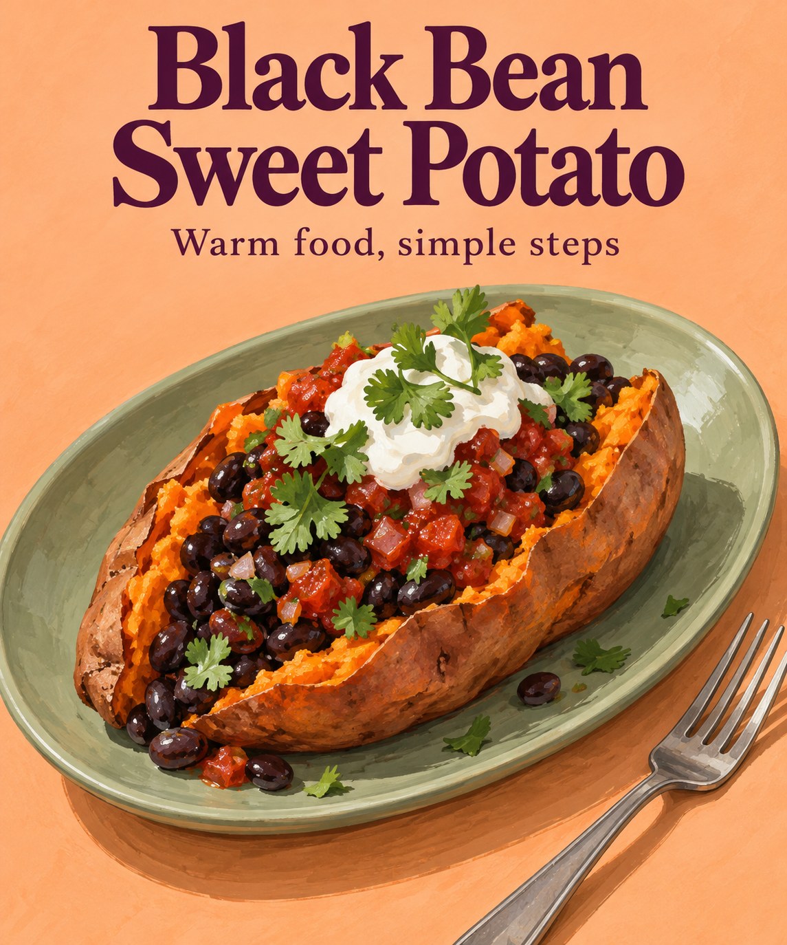 Split sweet potato filled with black beans, salsa, and yogurt on a green plate.