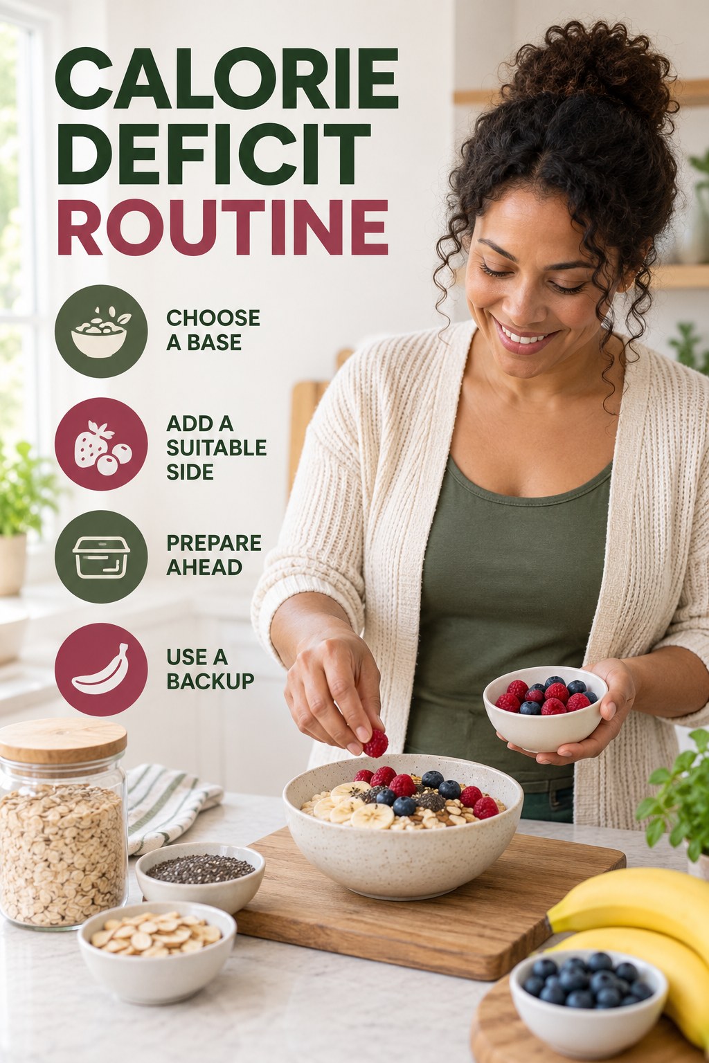 Simple Breakfast Habit for Calorie Deficit with four concise practical actions in a clean minimal health design.
