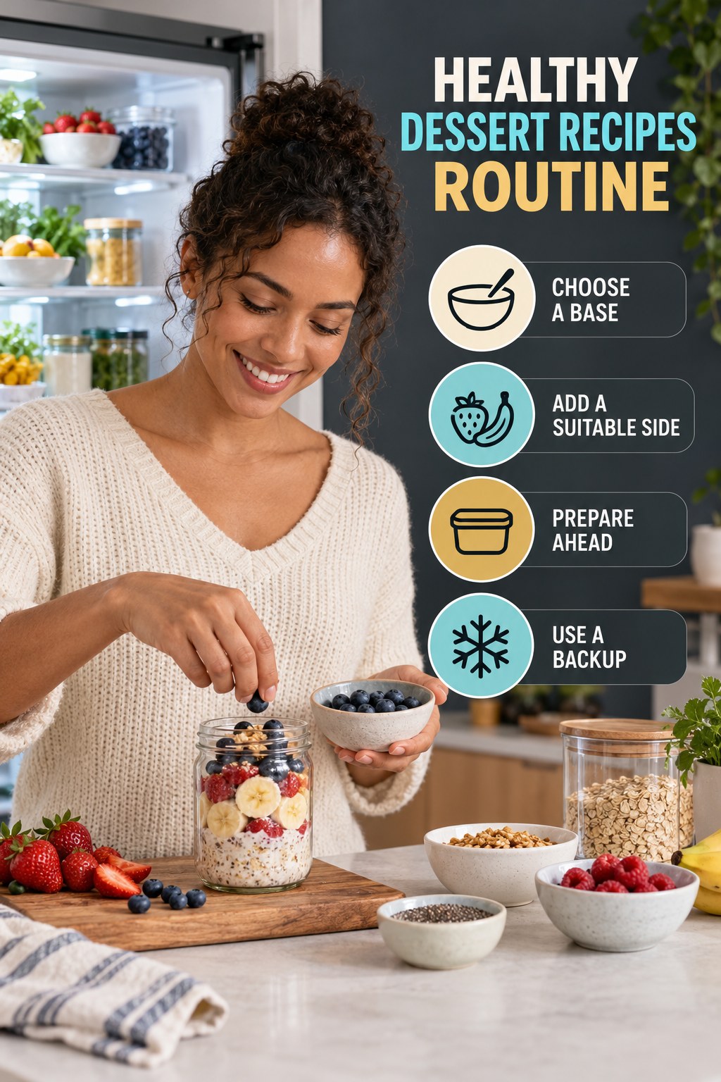 Simple Breakfast Habit for Healthy Dessert Recipes with four concise practical actions in a clean minimal health design.