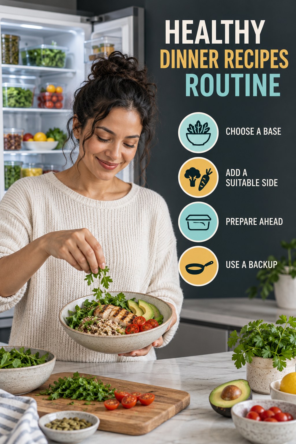 Simple Breakfast Habit for Healthy Dinner Recipes with four concise practical actions in a clean minimal health design.