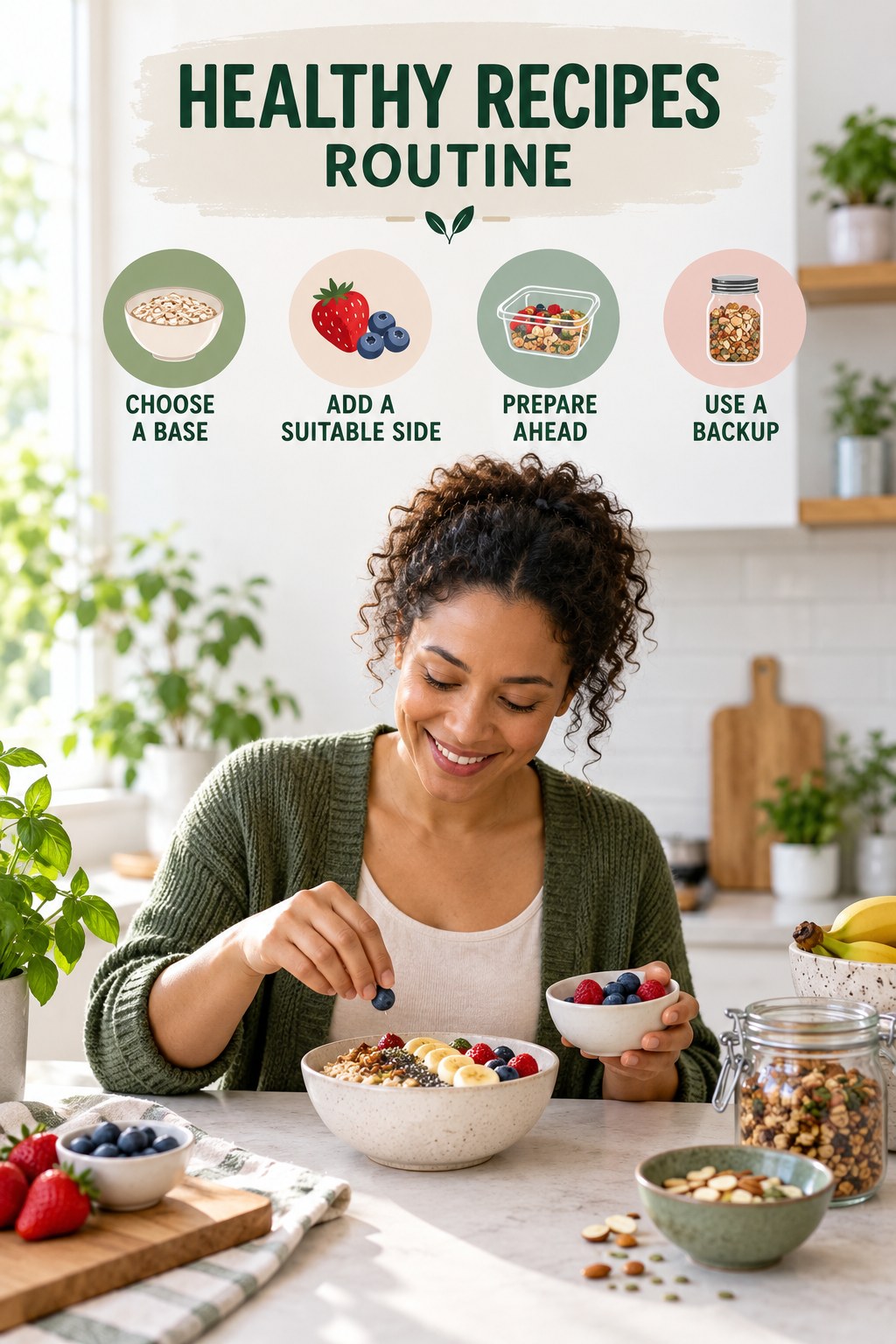 Simple Breakfast Habit for Healthy Recipes with four concise practical actions in a clean minimal health design.