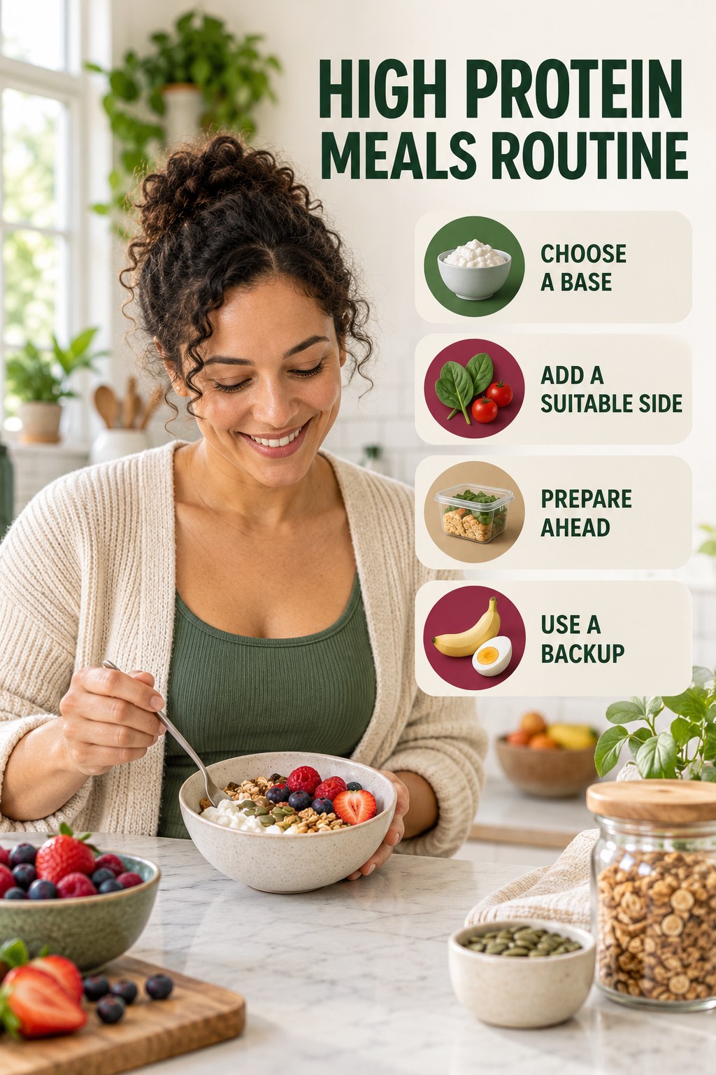 Simple Breakfast Habit for High Protein Meals with four concise practical actions in a clean minimal health design.