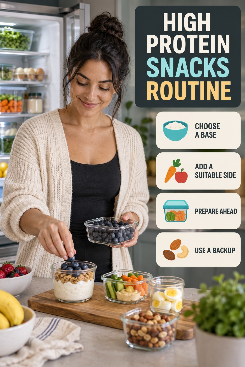 Simple Breakfast Habit for High Protein Snacks with four concise practical actions in a clean minimal health design.