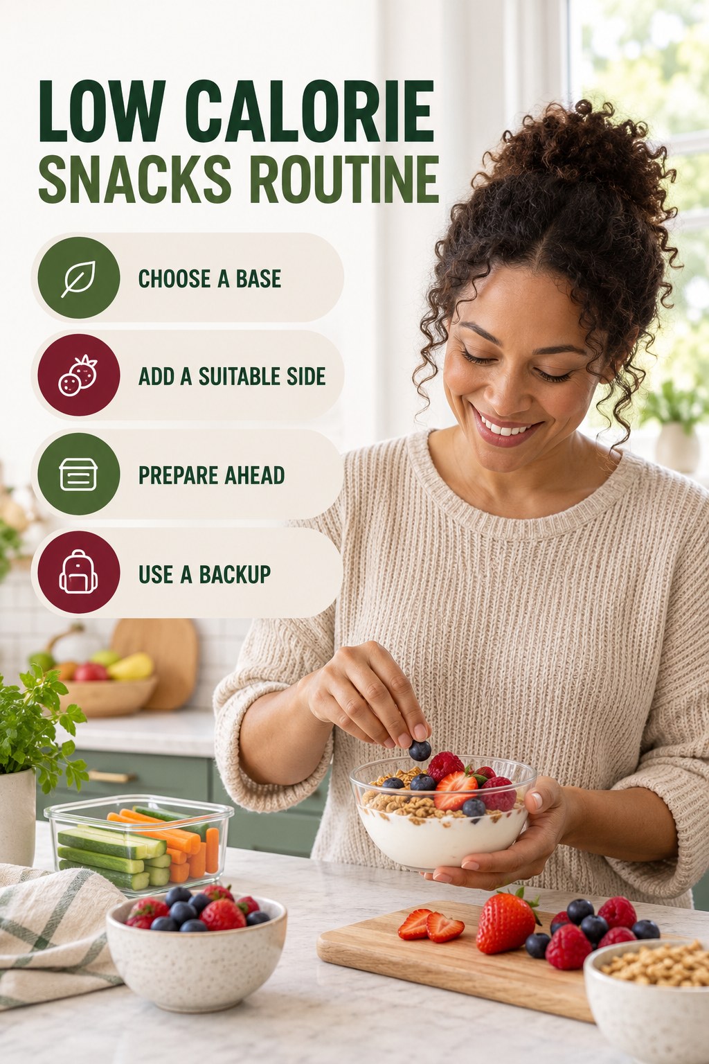 Simple Breakfast Habit for Low Calorie Snacks with four concise practical actions in a clean minimal health design.