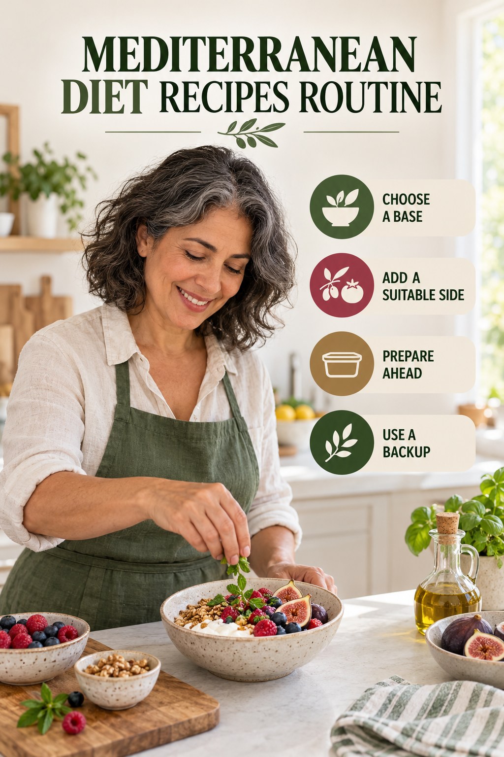 Simple Breakfast Habit for Mediterranean Diet Recipes with four concise practical actions in a clean minimal health design.