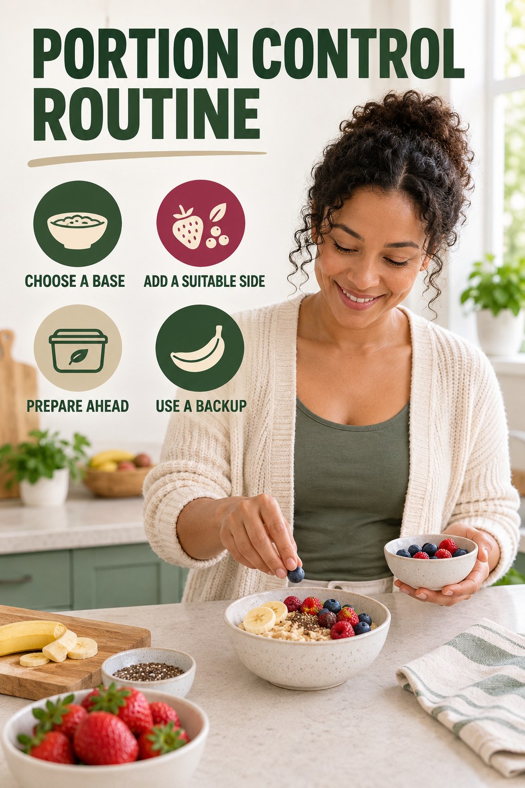 Simple Breakfast Habit for Portion Control with four concise practical actions in a clean minimal health design.