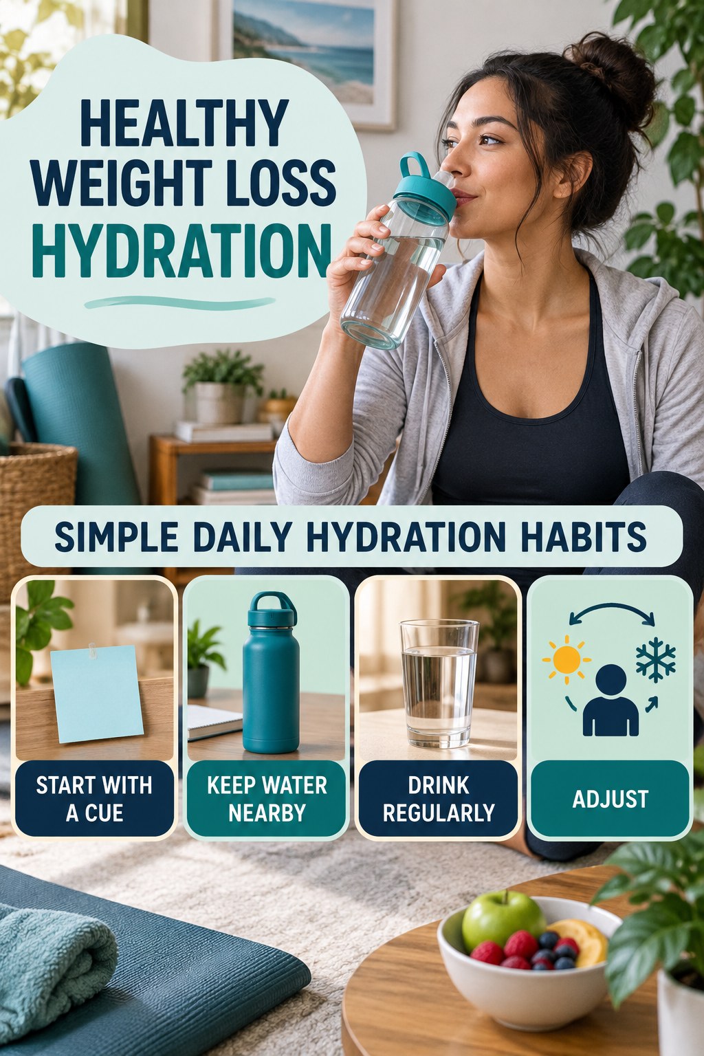 Healthy Weight Loss hydration graphic titled Simple Daily Hydration Habits with four flexible water-habit prompts and no fixed intake target.