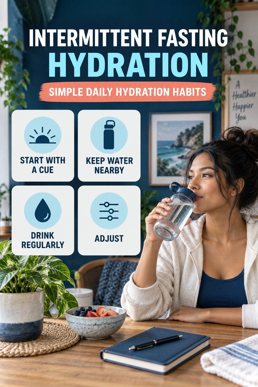 Intermittent Fasting hydration graphic titled Simple Daily Hydration Habits with four flexible water-habit prompts and no fixed intake target.