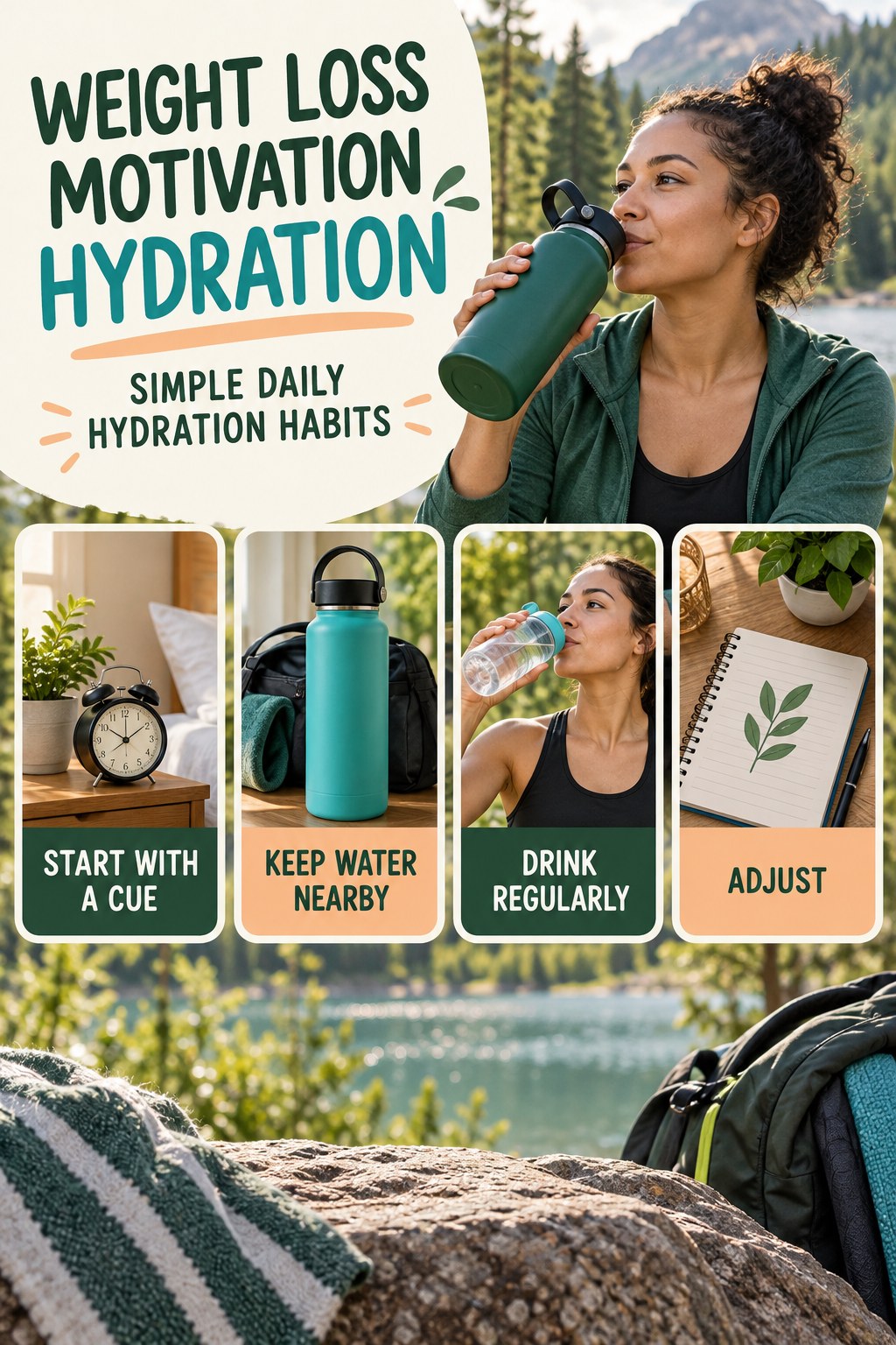 Weight Loss Motivation hydration graphic titled Simple Daily Hydration Habits with four flexible water-habit prompts and no fixed intake target.