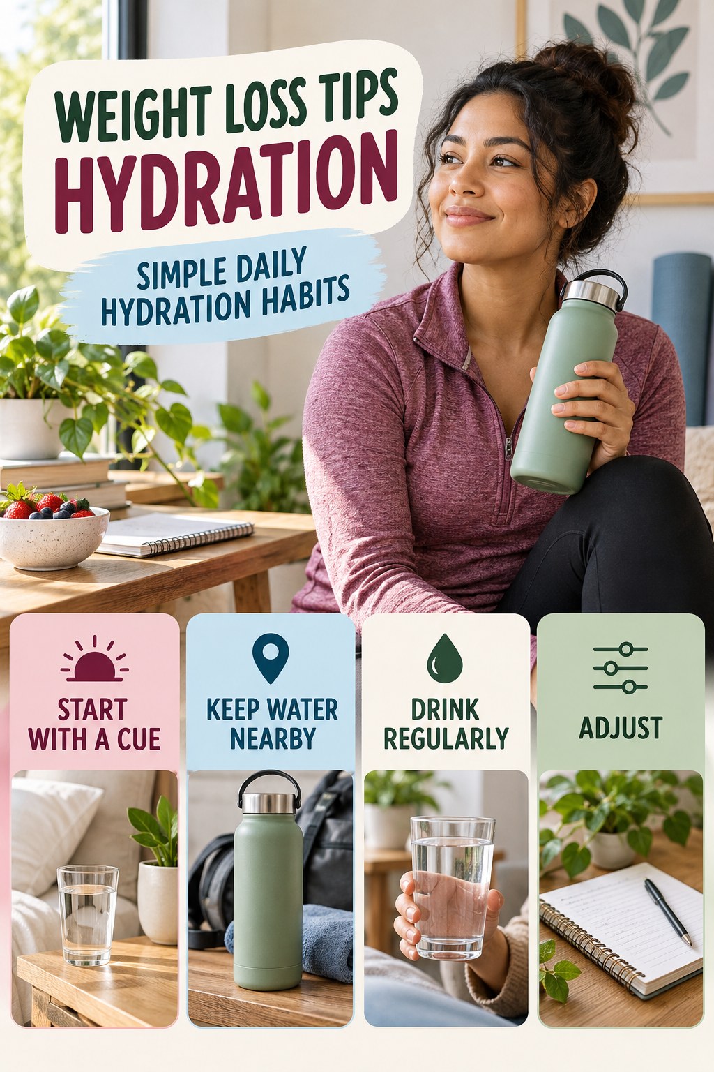 Weight Loss Tips hydration graphic titled Simple Daily Hydration Habits with four flexible water-habit prompts and no fixed intake target.