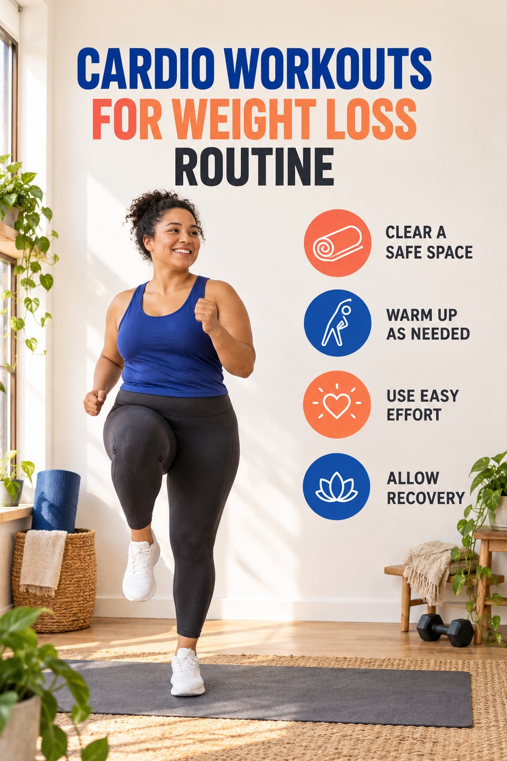 Simple Daily Movement for Cardio Workouts for Weight Loss with four concise practical actions in a clean minimal health design.