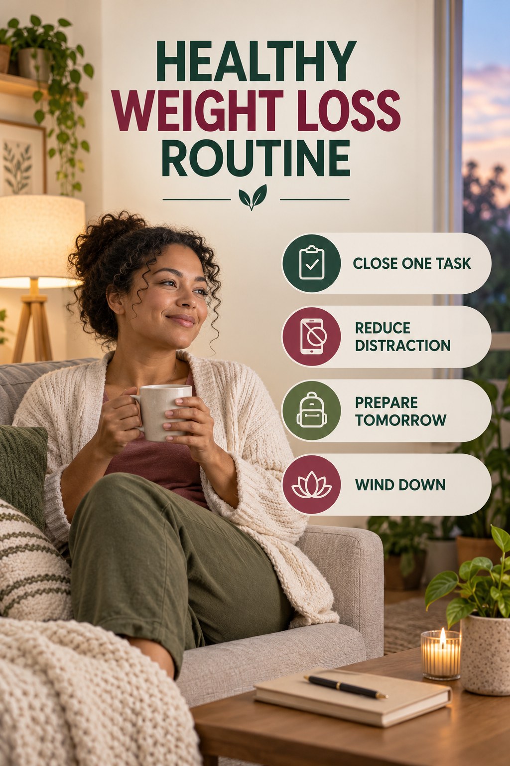Simple Evening Wellness for Healthy Weight Loss with four concise practical actions in a clean minimal health design.