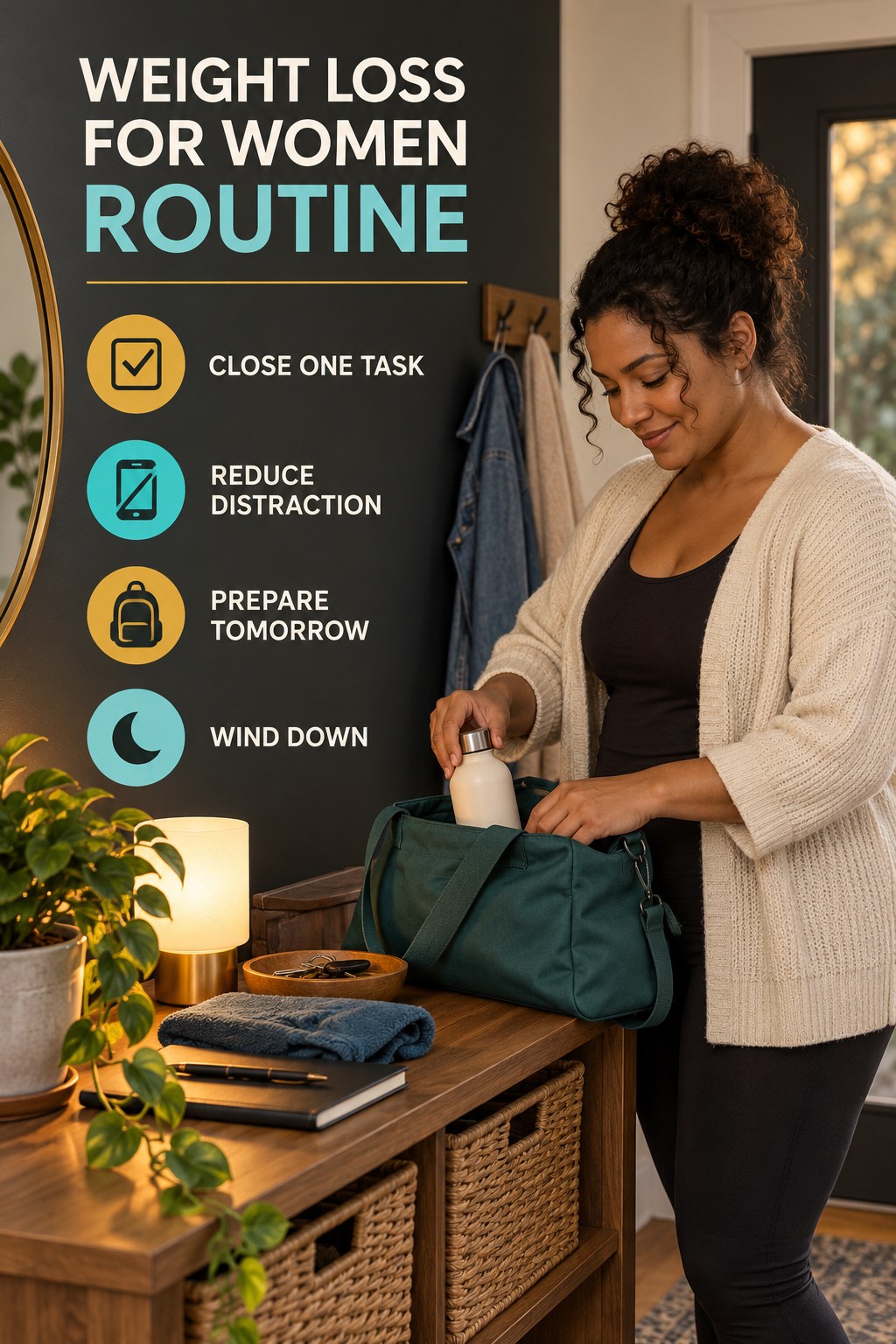 Simple Evening Wellness for Weight Loss for Women with four concise practical actions in a clean minimal health design.