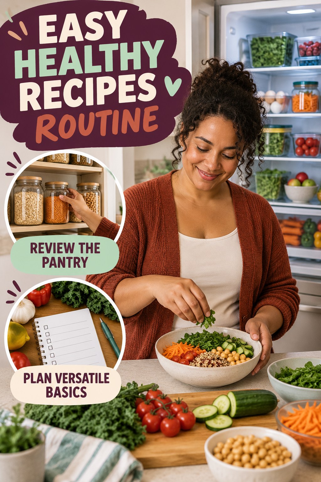 Simple Grocery Reset for Easy Healthy Recipes in an organized refrigerator and counter zone, showing a practical, attainable routine with readable guidance.