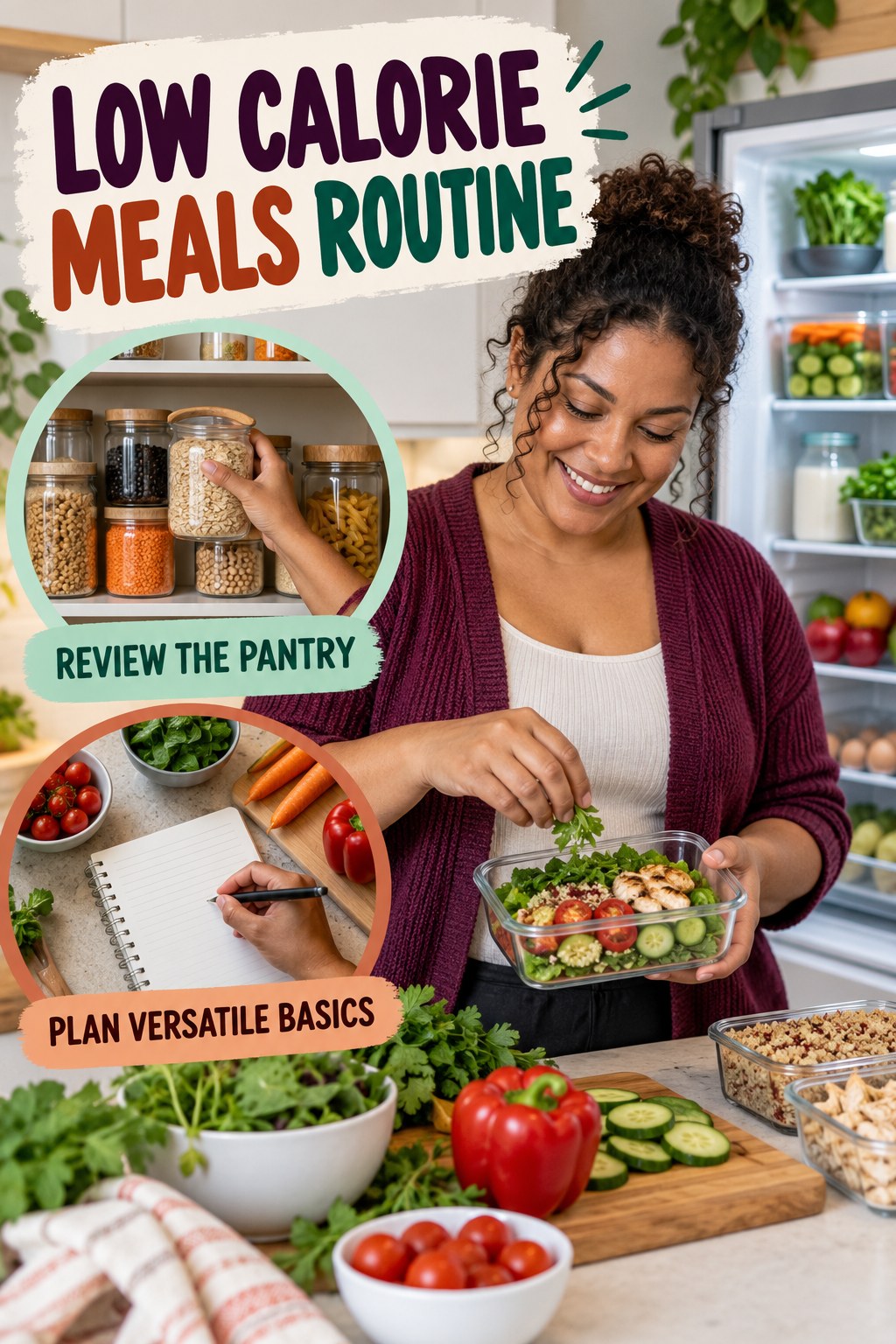 Simple Grocery Reset for Low Calorie Meals in an organized refrigerator and counter zone, showing a practical, attainable routine with readable guidance.