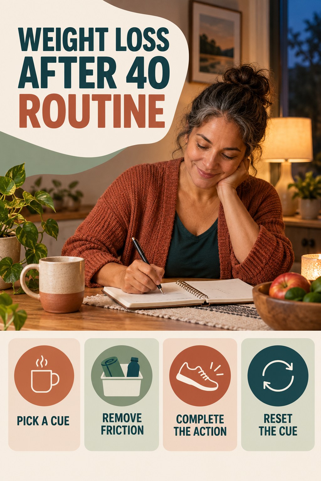 Simple Habit Setup for Weight Loss After 40 with four concise practical actions in a clean minimal health design.