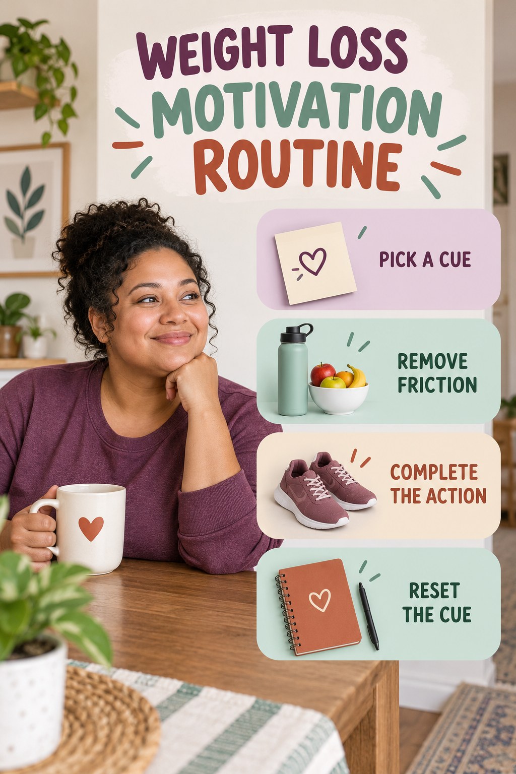 Simple Habit Setup for Weight Loss Motivation with four concise practical actions in a clean minimal health design.
