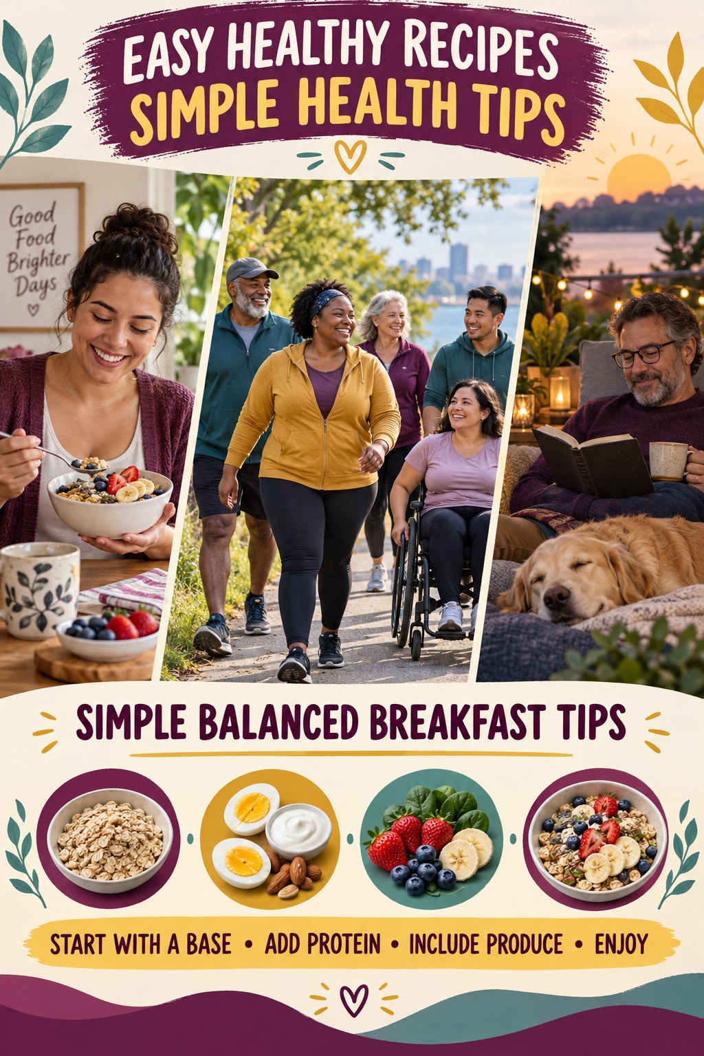 Easy Healthy Recipes simple-health graphic titled Simple Balanced Breakfast Tips with four practical wellness prompts.