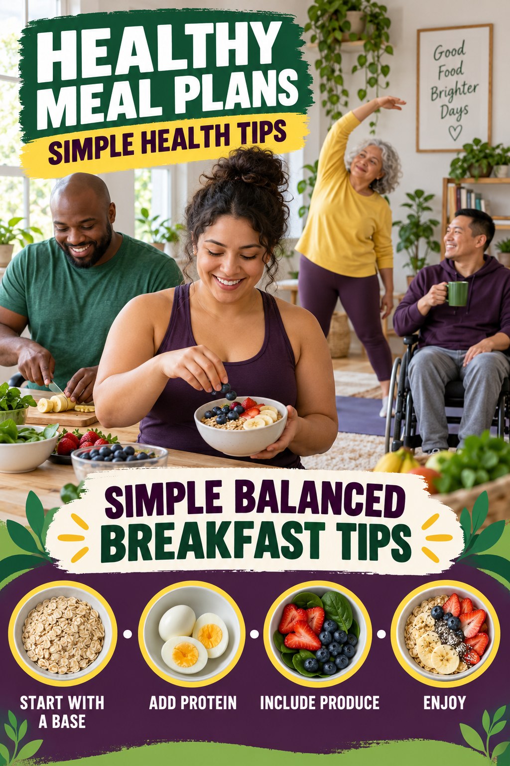 Healthy Meal Plans simple-health graphic titled Simple Balanced Breakfast Tips with four practical wellness prompts.