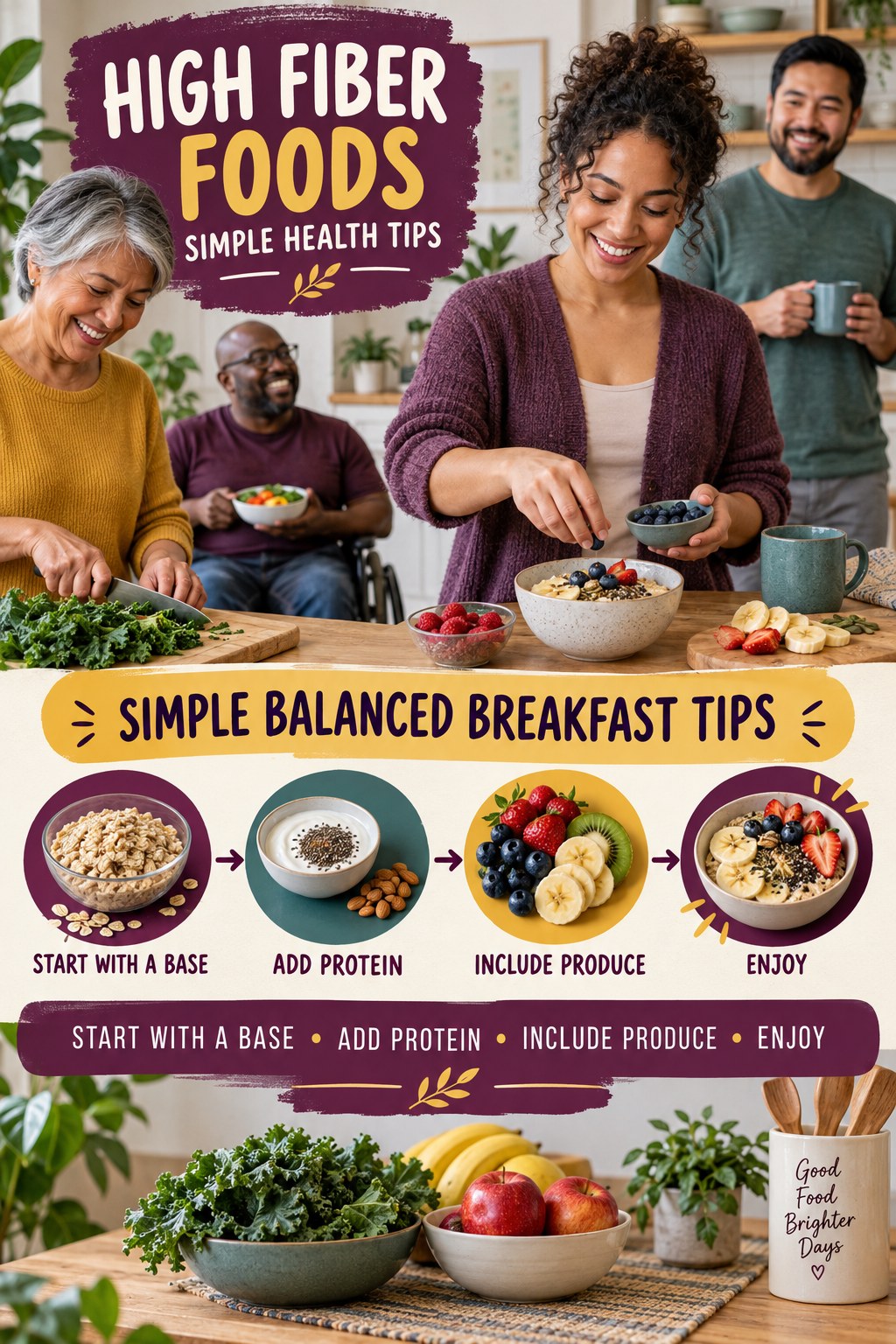 High Fiber Foods simple-health graphic titled Simple Balanced Breakfast Tips with four practical wellness prompts.